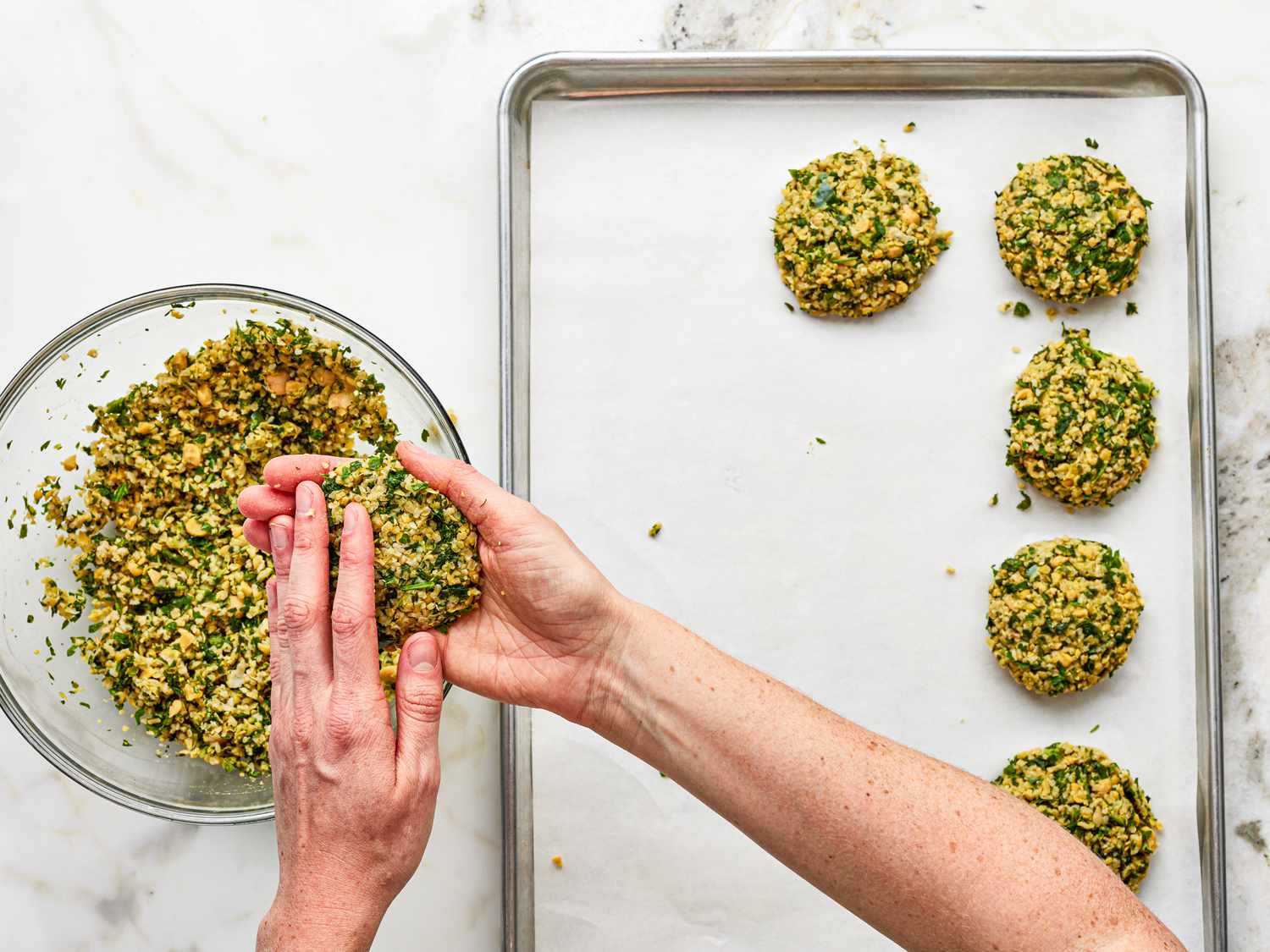 Overhead view of forming chickpea patties