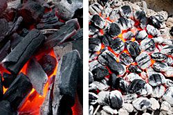 Two side-by-side photos of charcoal, hardwood and briquettes, lit and ashed over.