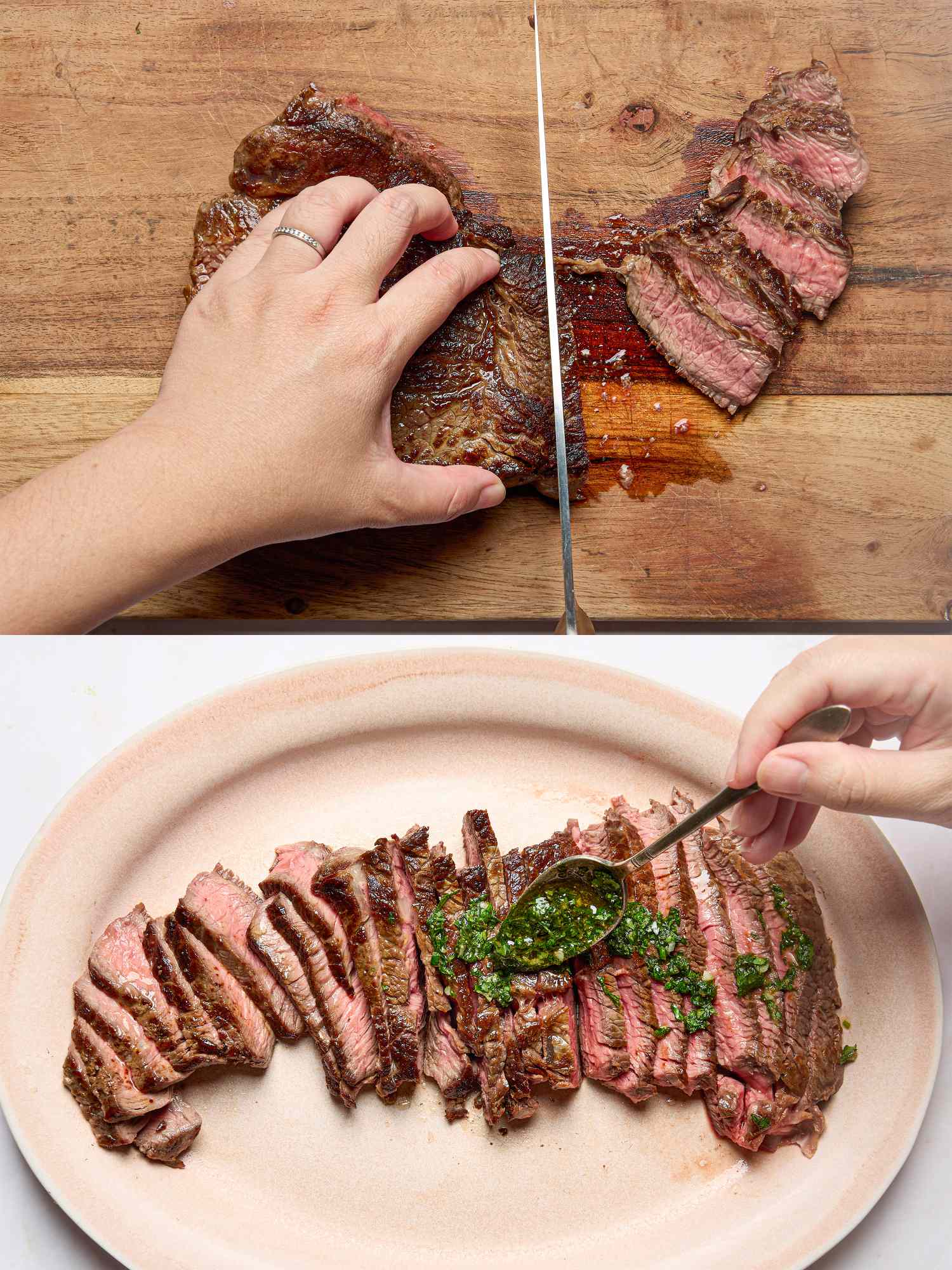 A sliced steak on a cutting board being prepared and plated with green sauce and chickpea salad