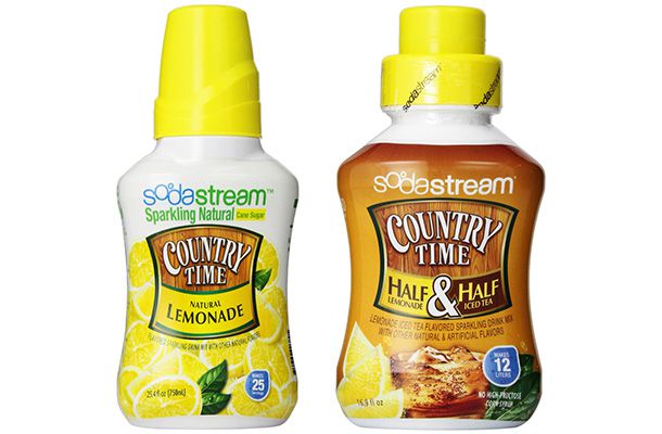 Bottles of SodaStream lemonade syrup and half & half lemonade iced tea syrup.