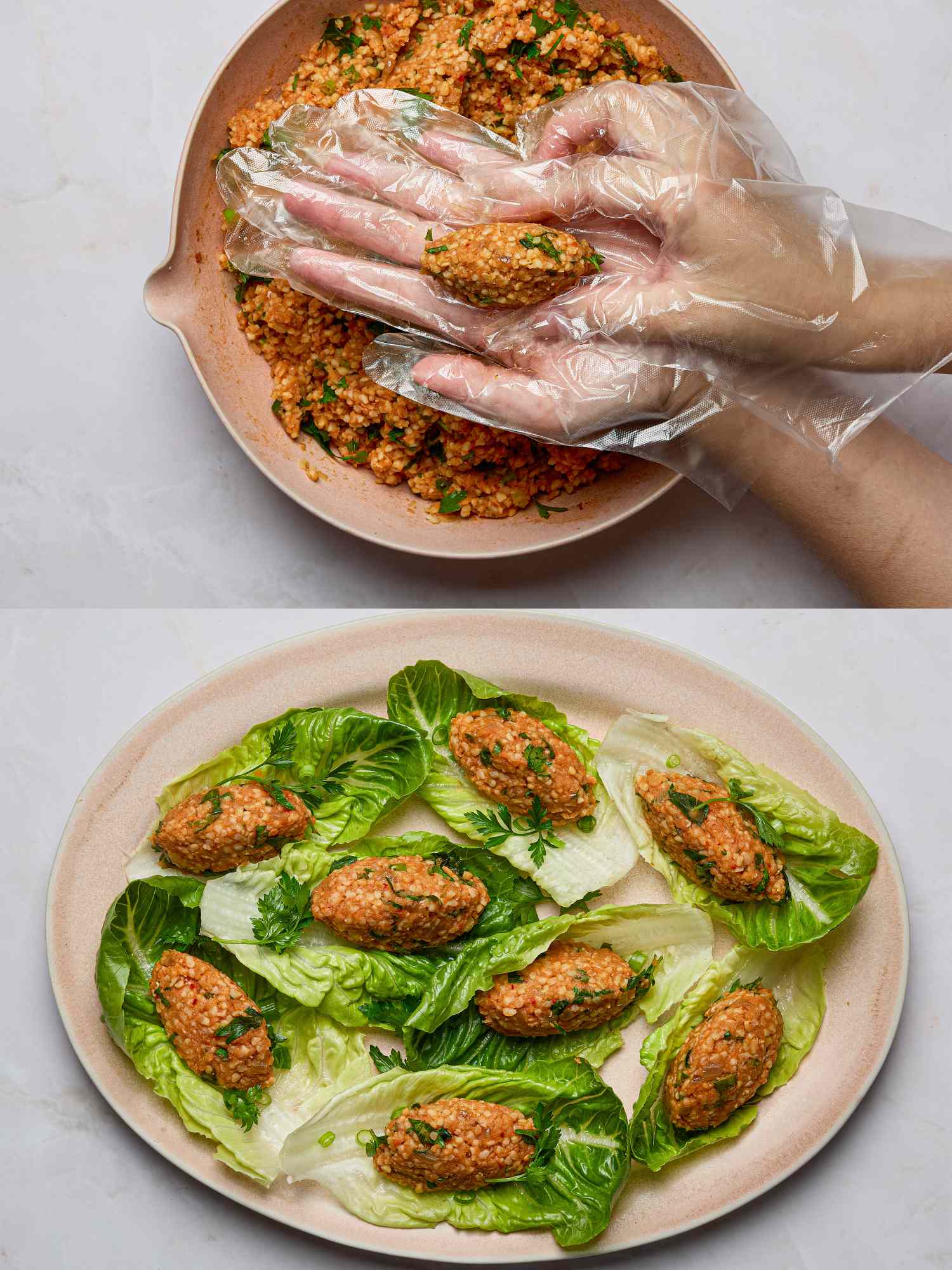 Preparation and presentation of lentilbased koftes served on lettuce leaves