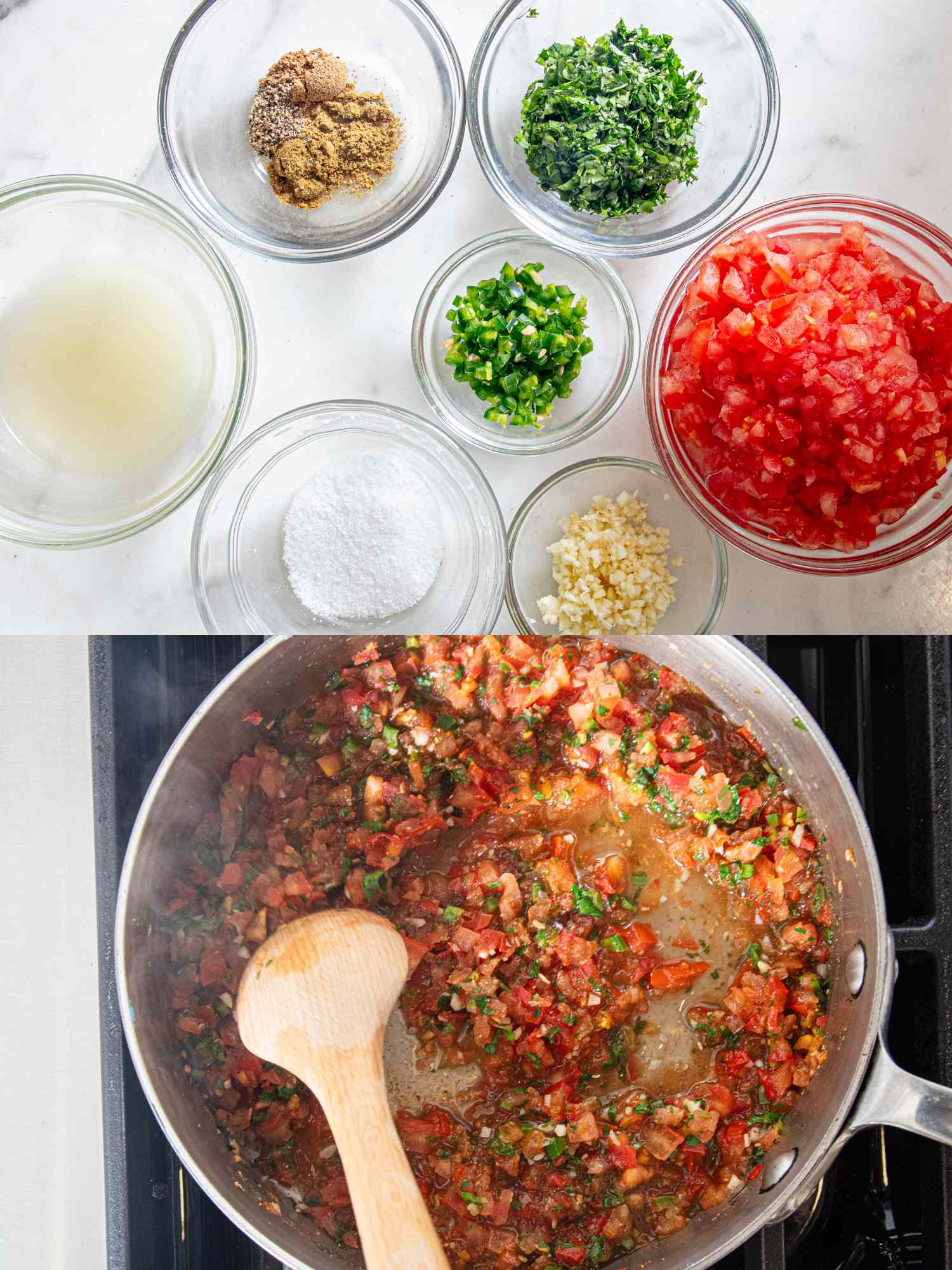 Ingredients in bowls and a cooking pan with a wooden spoon preparing a dish on a stovetop