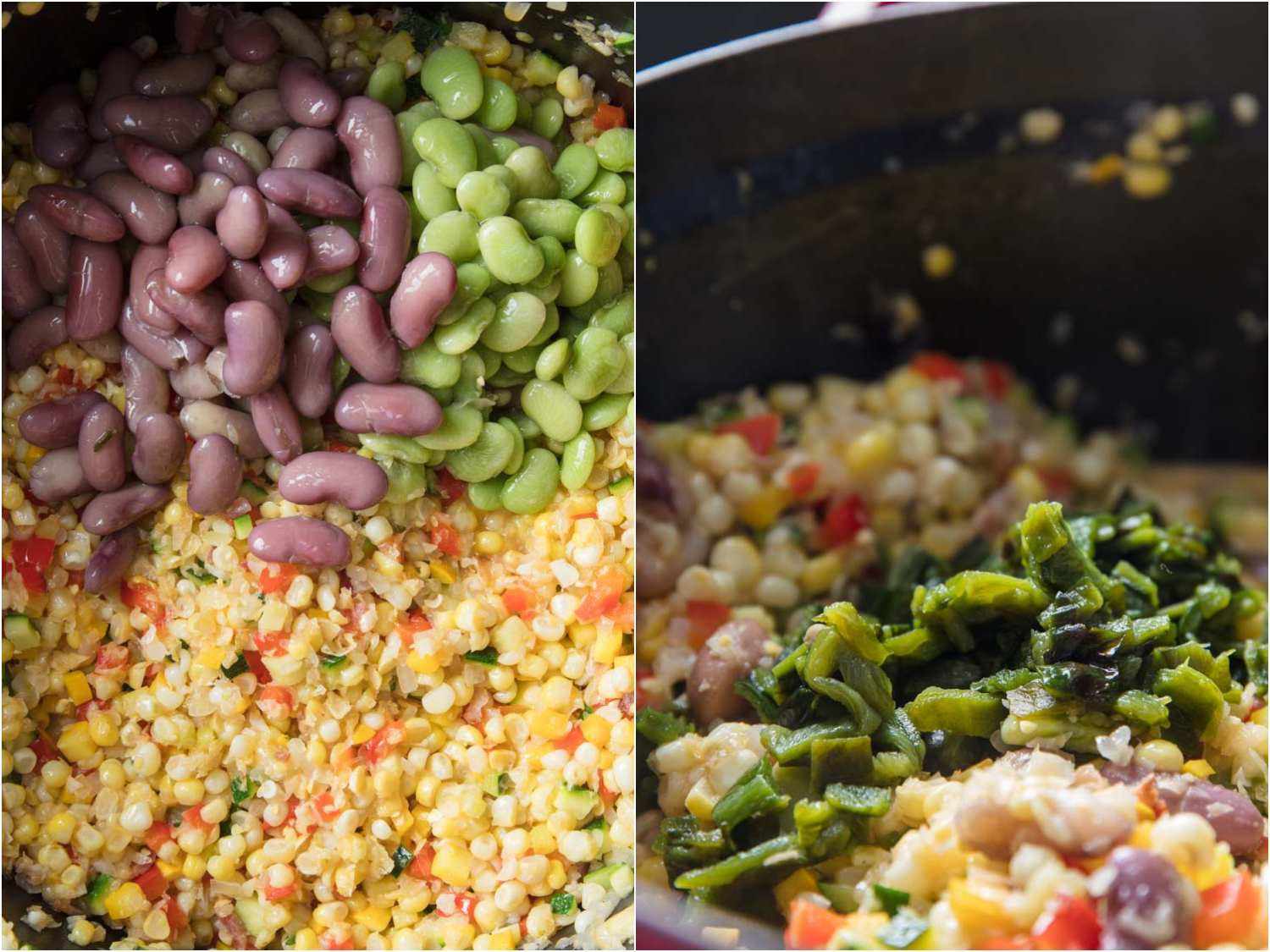 Side by side images showing adding kidney beans and lima beans to corn and vegetable mixture for succotash; adding charred Poblano peppers.