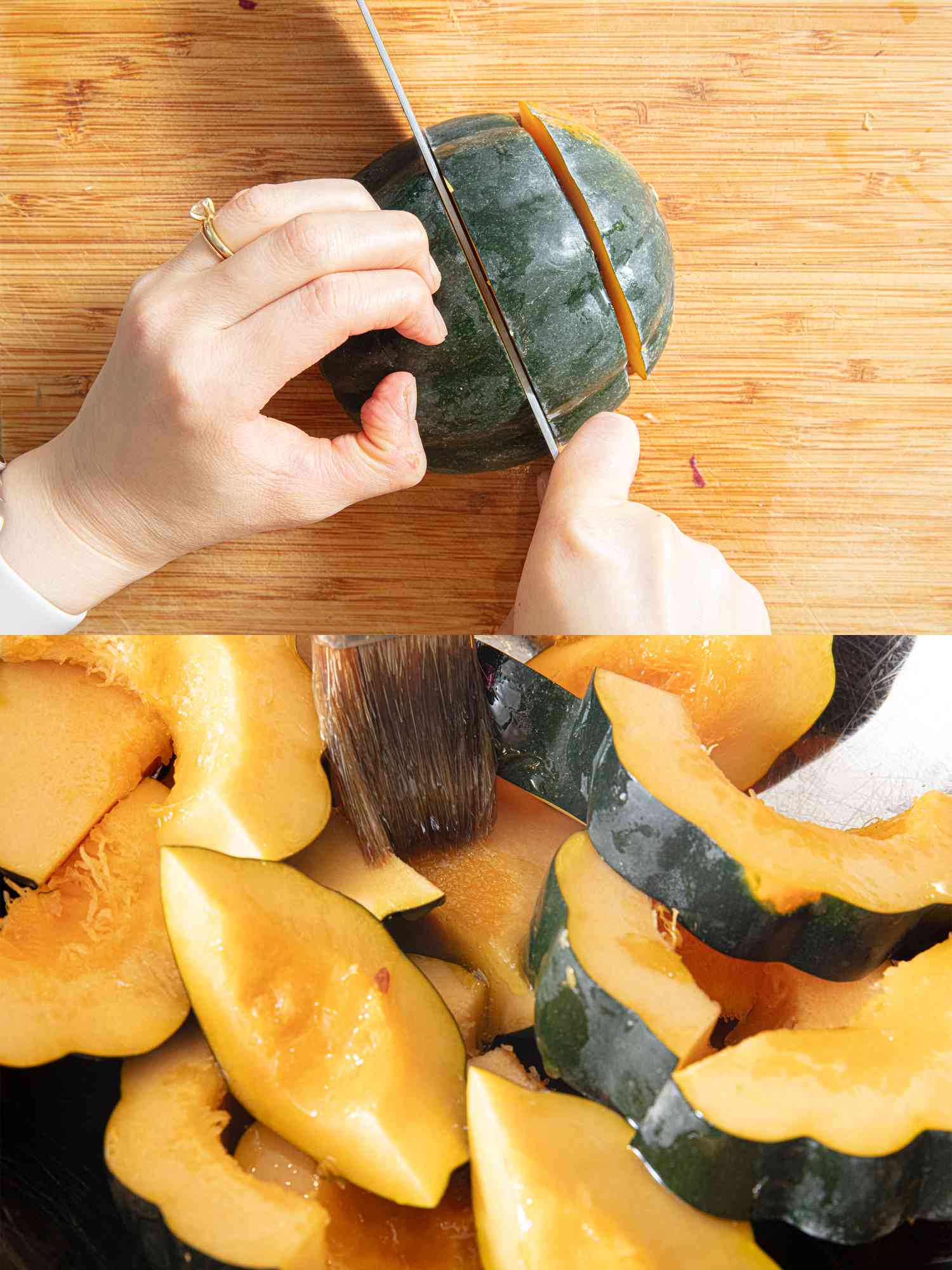Two image collage of cutting squash and brushing with oil