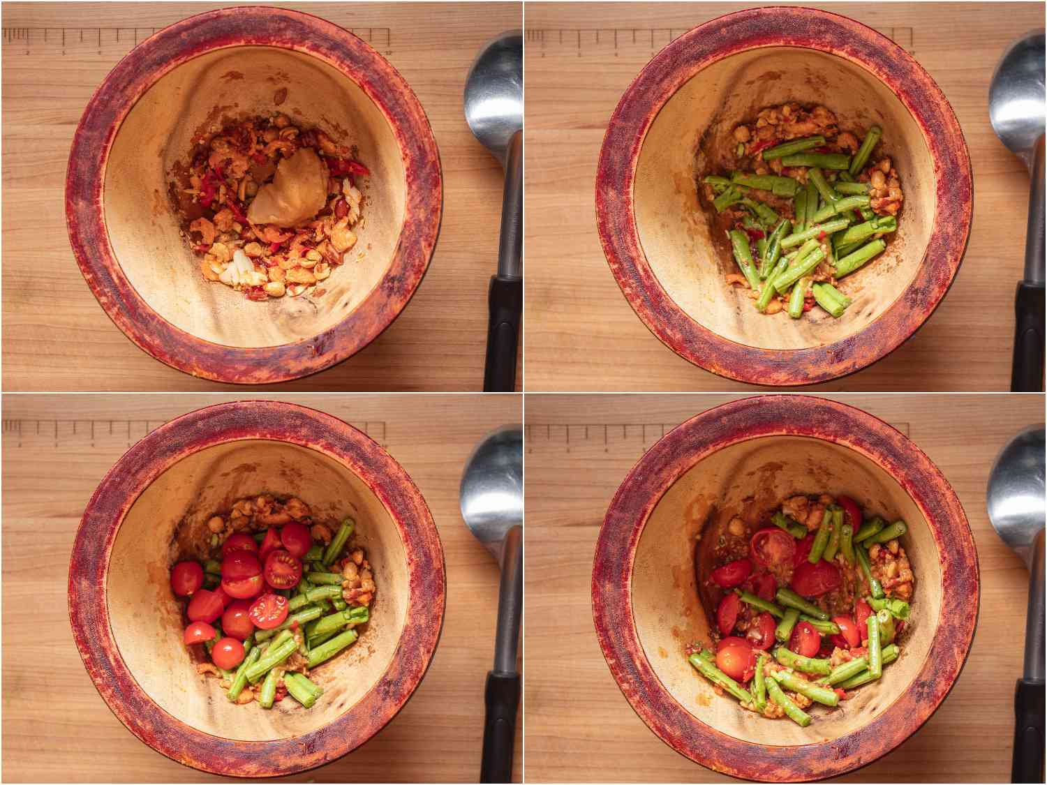 Collage of adding palm sugar, long beans, and cherry tomatoes to mortar and pounding until slightly broken down.