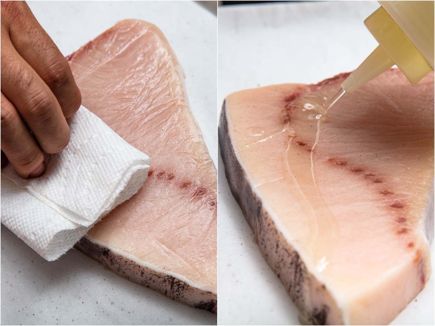 Two images, shown side-by-side, of the swordfish preparation process: first, drying the fish well with paper towels, and second, lightly coating it with oil to help prevent sticking on the grill.