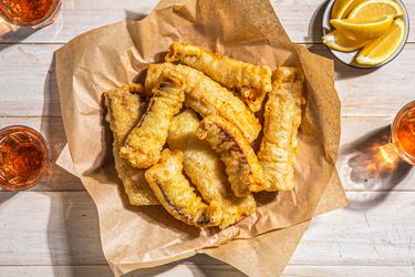 Overhead view of filetti di baccala