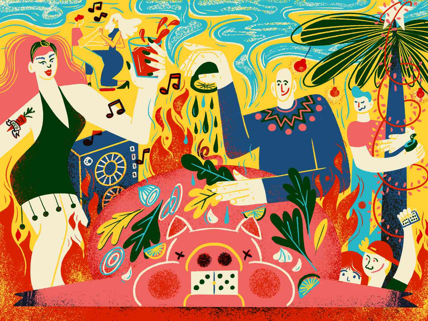 A colorful and dense illustration of a festive cuban pig roast in Miami.