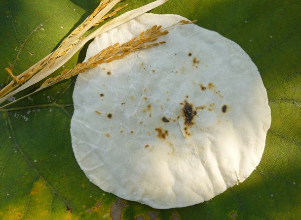 Overhead view of a bhakri flatbread, placed on a very large leaf with the unthreshed stem from a rice plant placed on top.