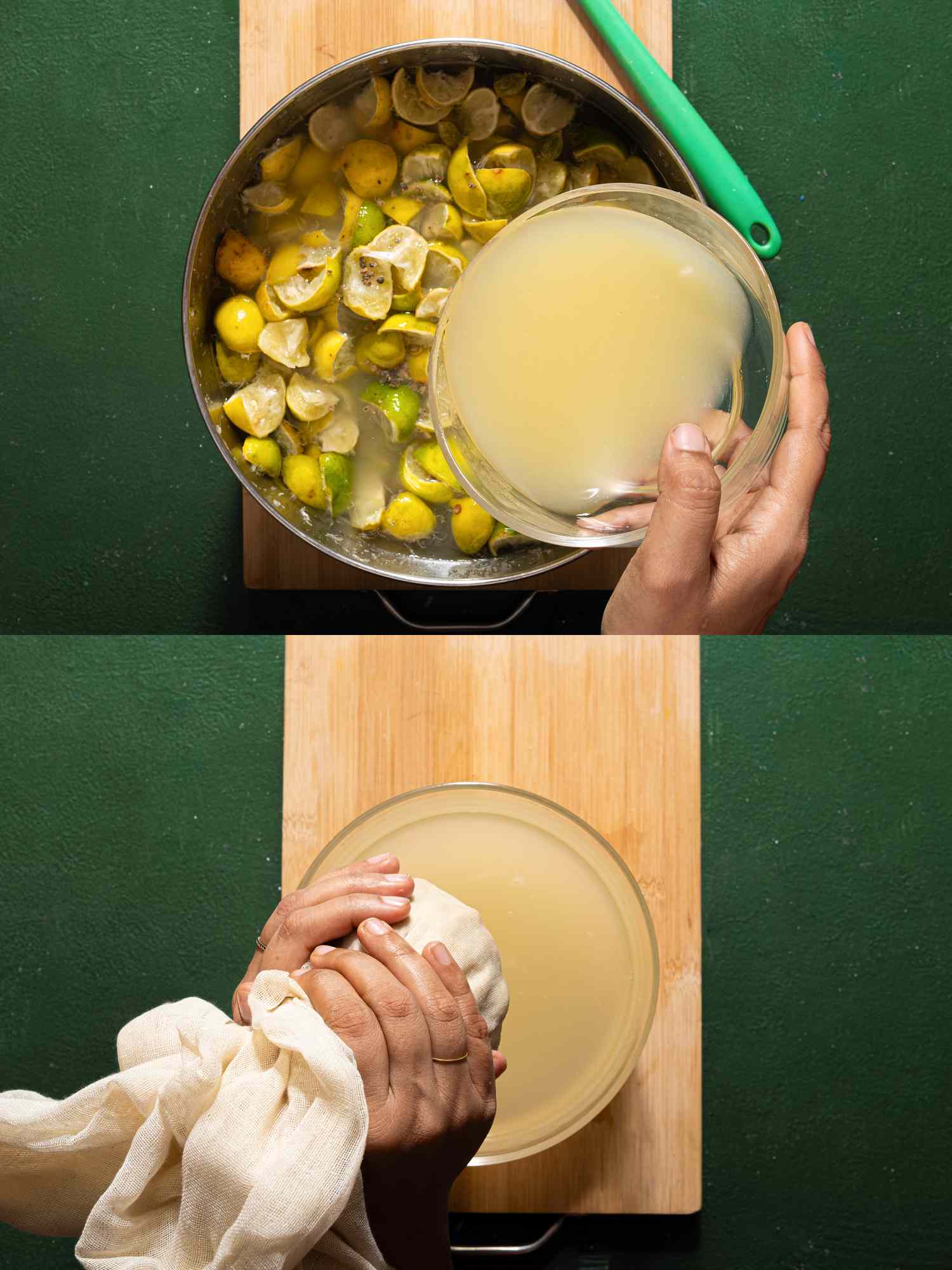2 image collage. Top: adding lemon juice to dried out lemons. Bottom: straining lemon juice through mesh 