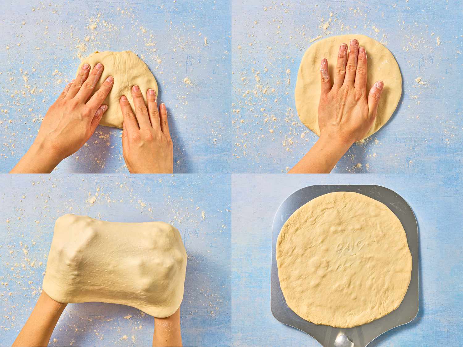 4 image collage. Top left: pressing pizza dough with fingers. Top Right: flattening pizza with hand. Bottom Right: using knuckles to spread dough. Bottom Left: dough laid out on pizza wheel 