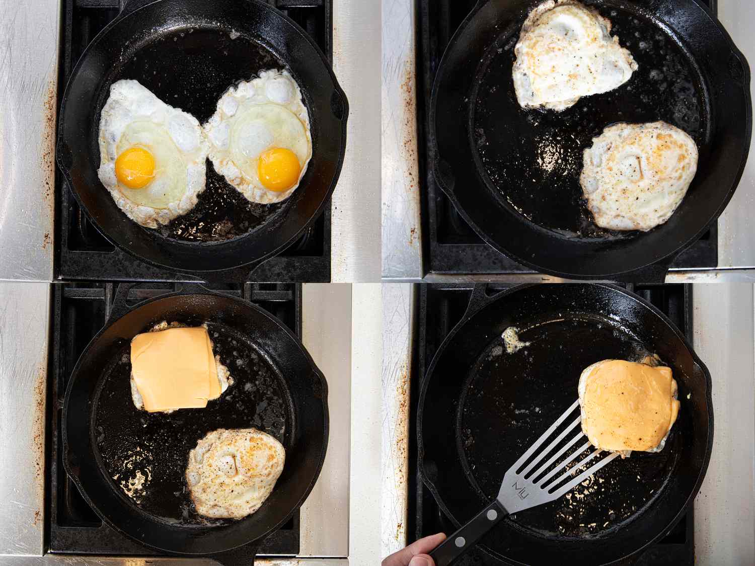 Eggs searing in a cast-iron pan.