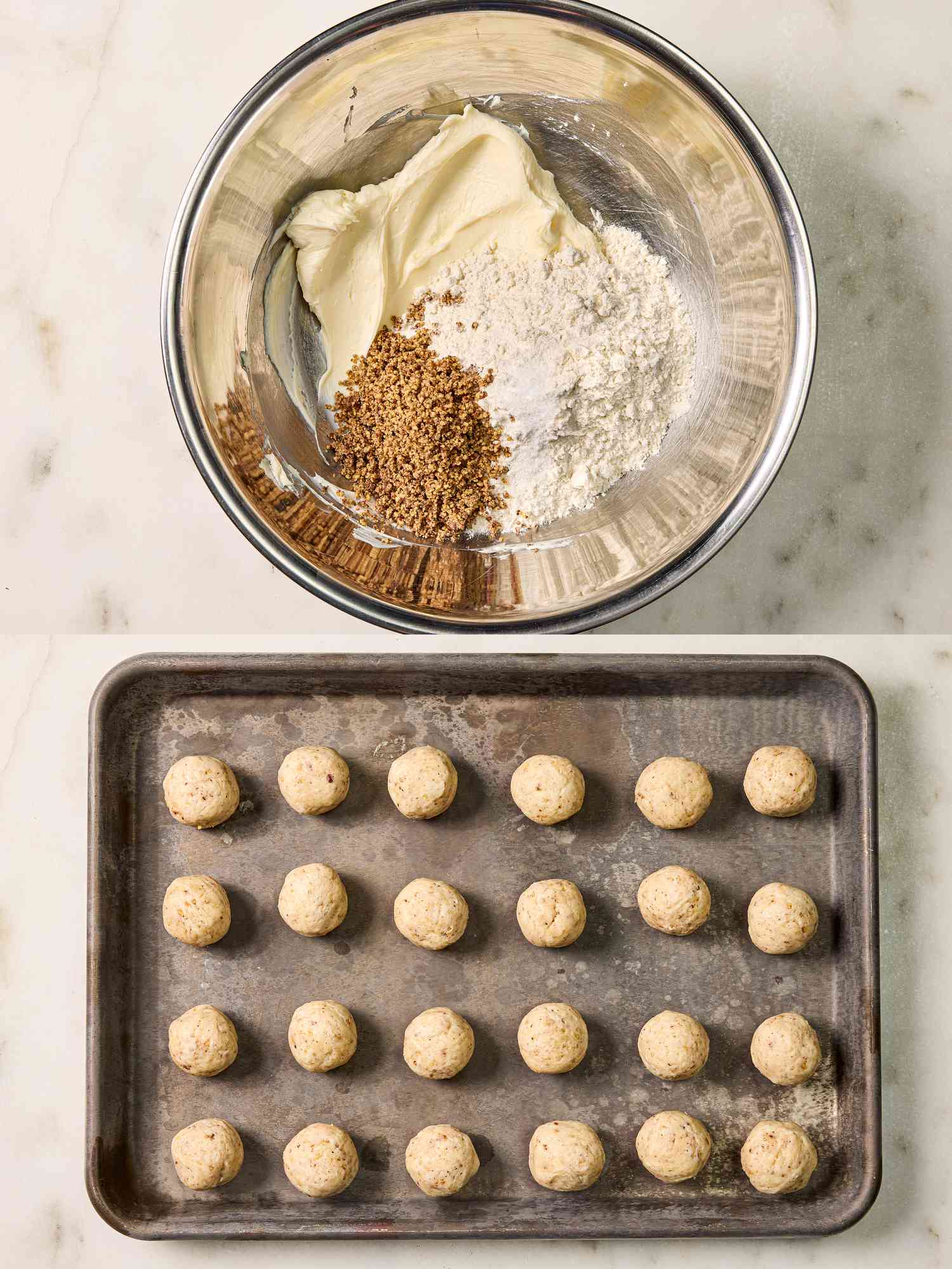 2 image collage. Top: Metal bowl of flour, salt, ground pecans, butter and cream cheese. Bottom: Dough divided into balls on sheet pan 