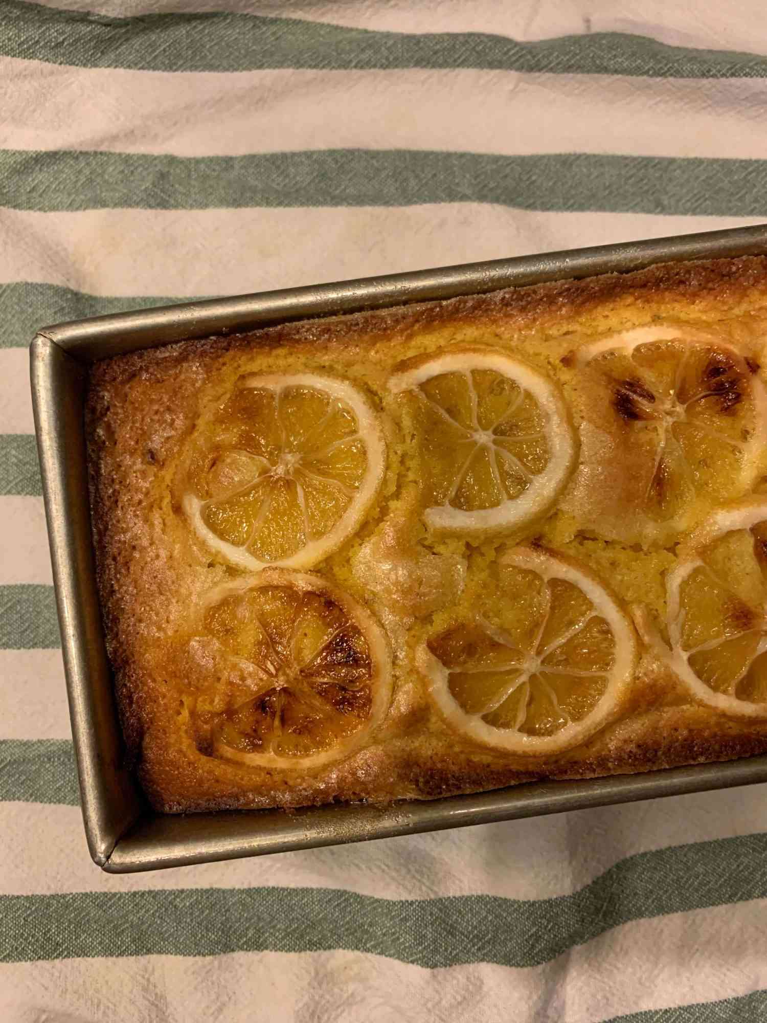 Overhead view of lemon cake in loaf pan
