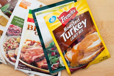 An assortment of powdered gravy packages. 