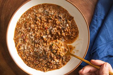 Overhead view of lifting a bite of farrotto