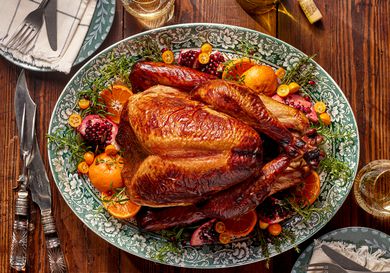 Overhead view of a honey brined smoked turkey