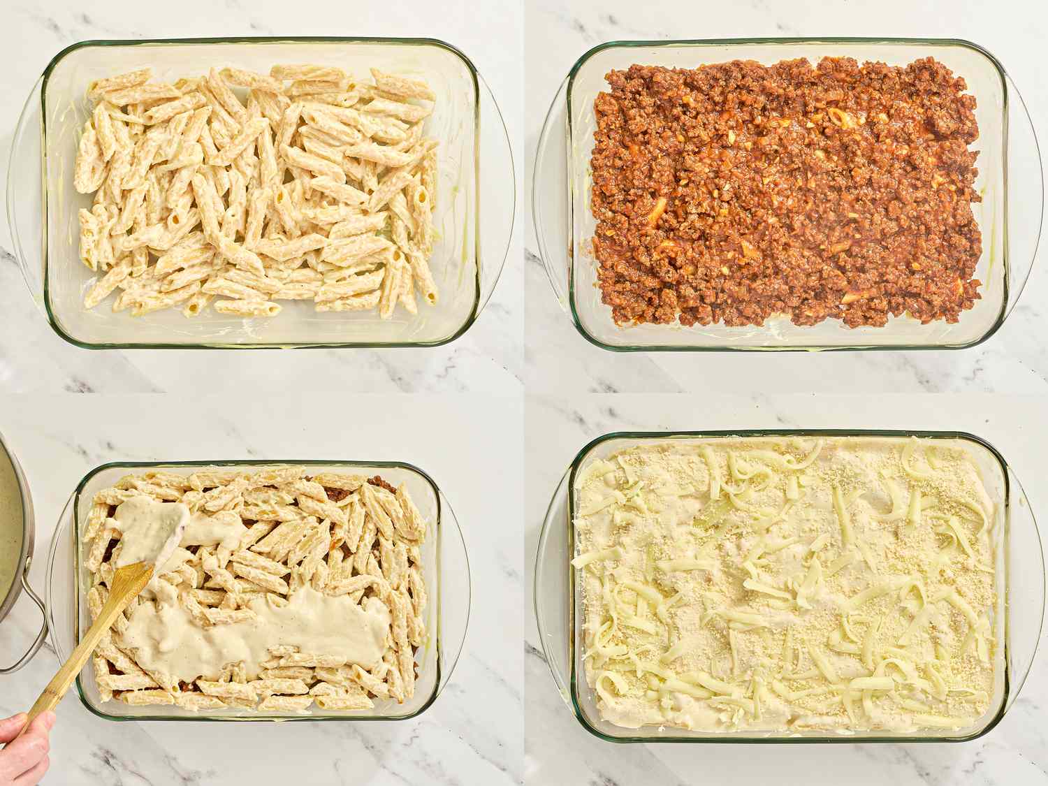 Four steps shown for assembling a pasta bake with sauce and cheese
