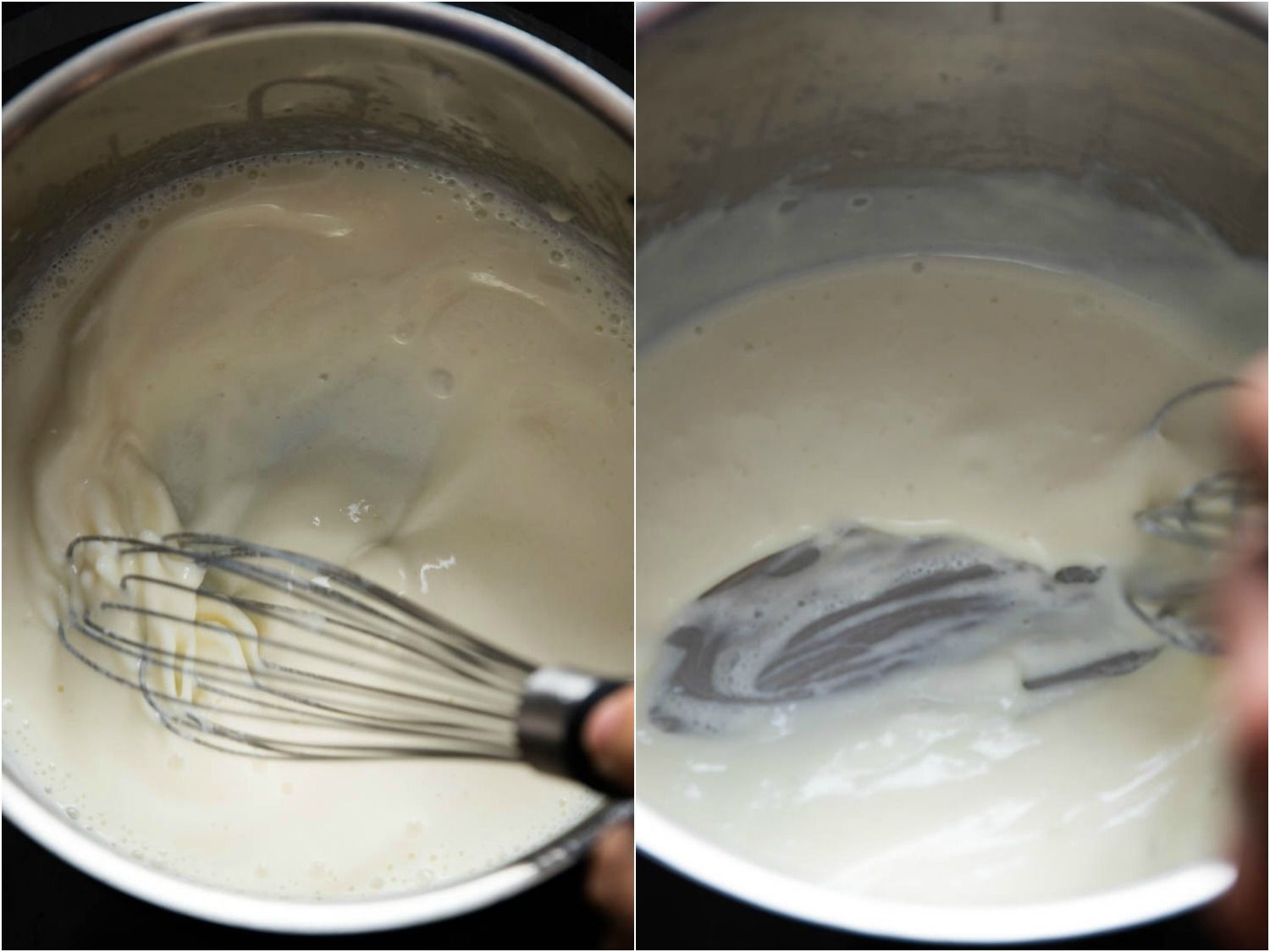Two images of the béchamel. In the first image, the sauce is still relatively thin as the whisk travels through it. In the second image, a stroke of the whisk has revealed the saucepan's surface beneath, showing that it has thickened substantially.