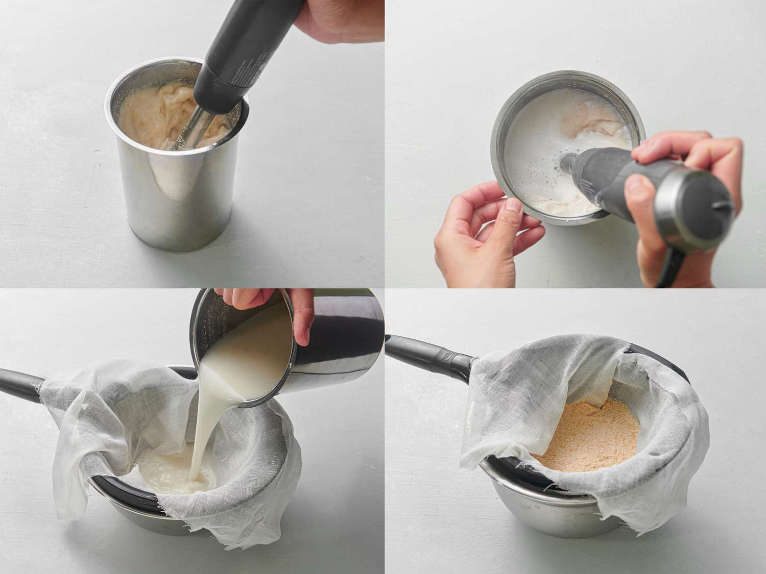 Parmesan mixture pulsed with immersion blender, and straining stock through prepared fine-mesh strainer 