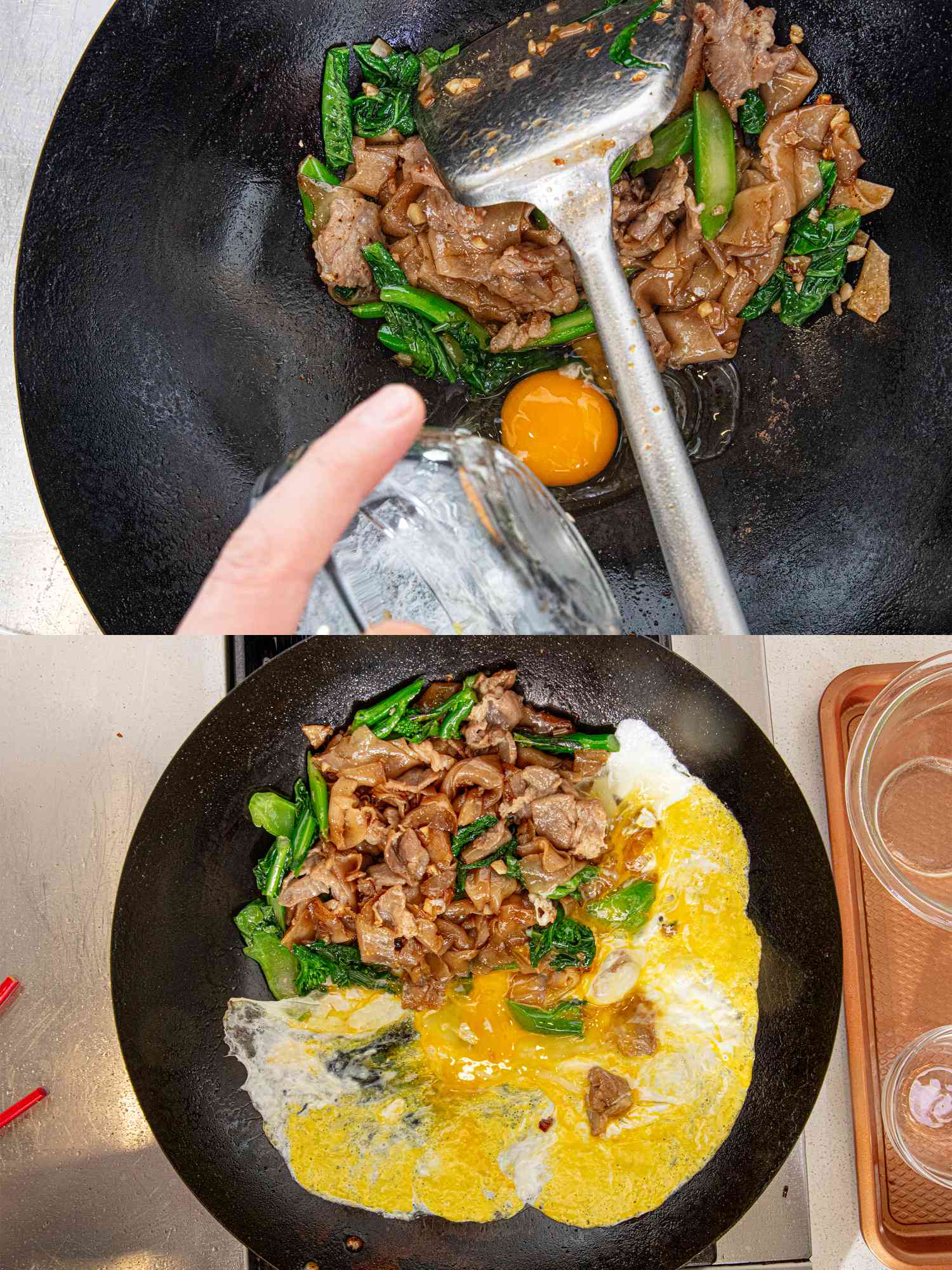 Two image collage of adding egg to wok and cooking