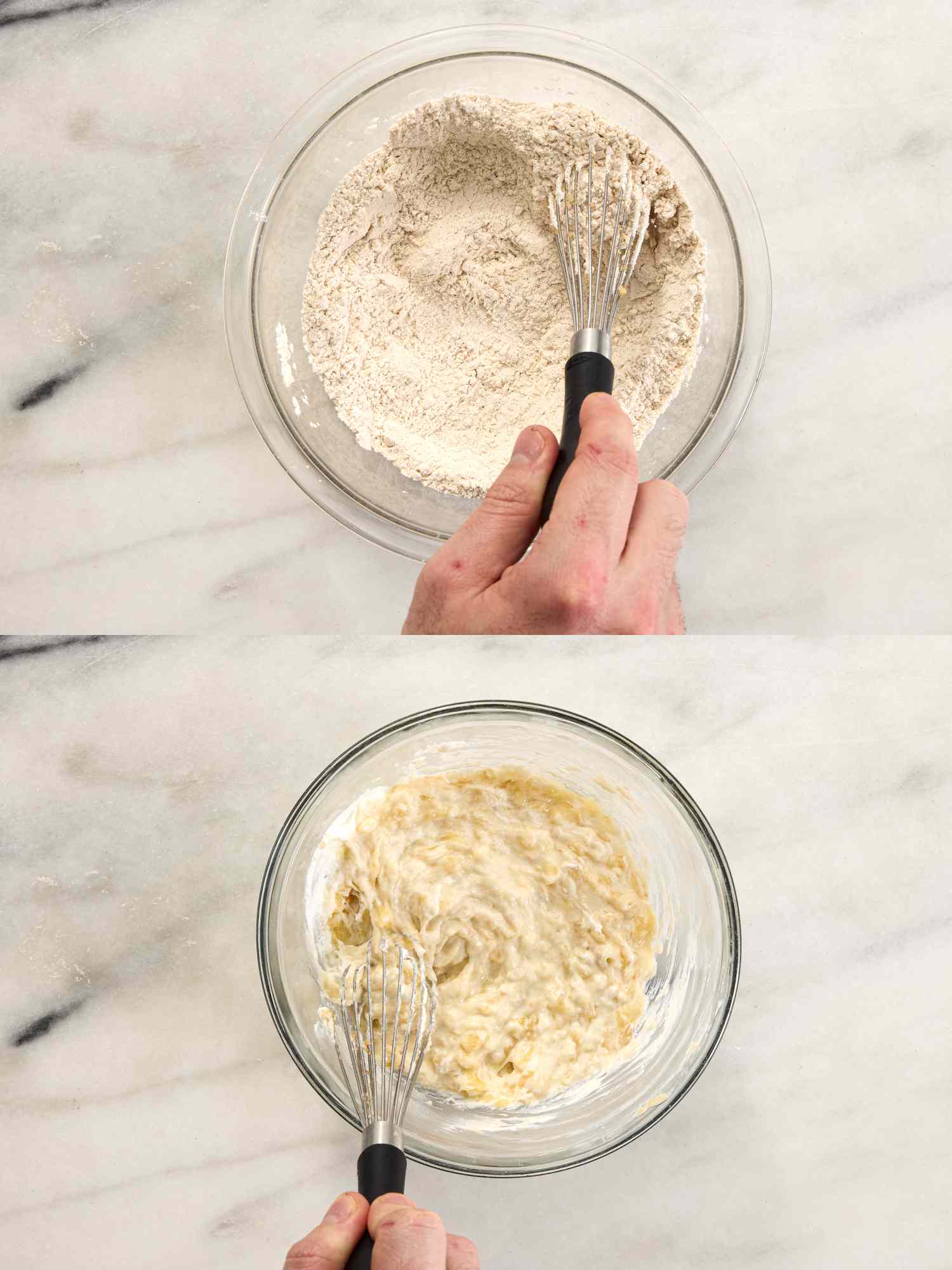 2 image collage. Top: whisking dry ingredients in a bowl. Bottom: adding mashed bananas and sour cream 