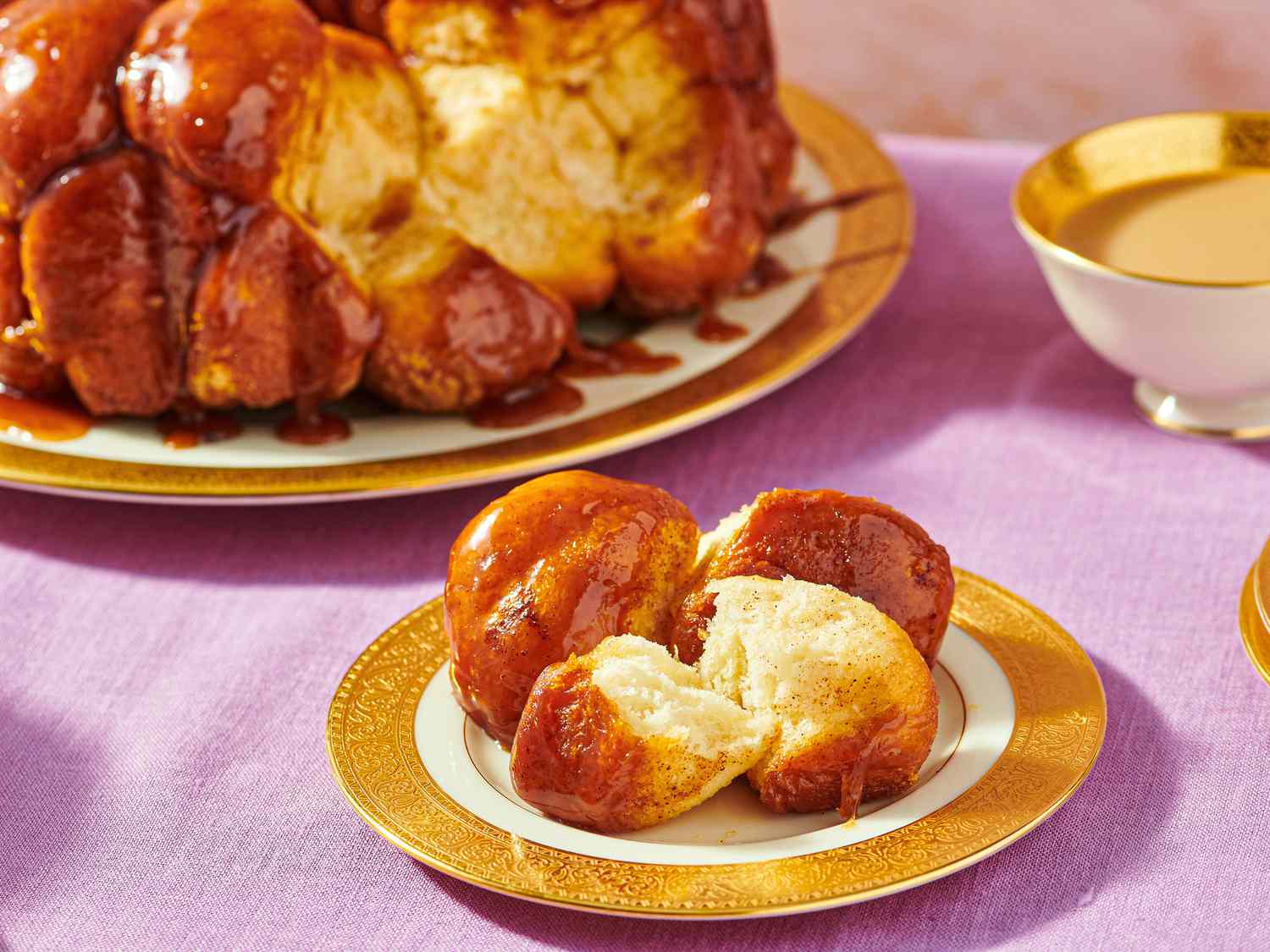 Monkey bread and pastries served on elegant plates
