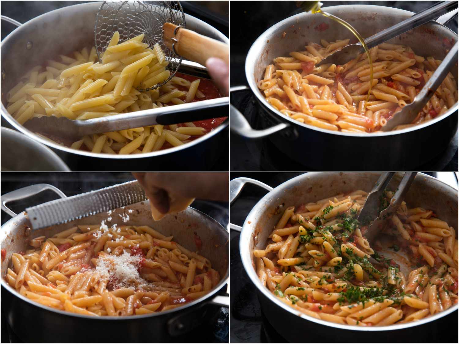 Collage of adding pasta to the pan, finishing it in the sauce, and stirring in grated parmesan and chopped parsley.