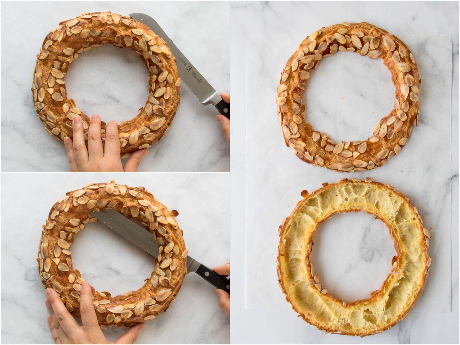 A three-image collage. The top left image shows the almond choux being cut in half by a serrated knife. The bottom left image shows a continuation of the knife cutting the choux in half. The right image shows the choux cut in half with the almond top near the top of the image and the bottom cut near the bottom of the image.