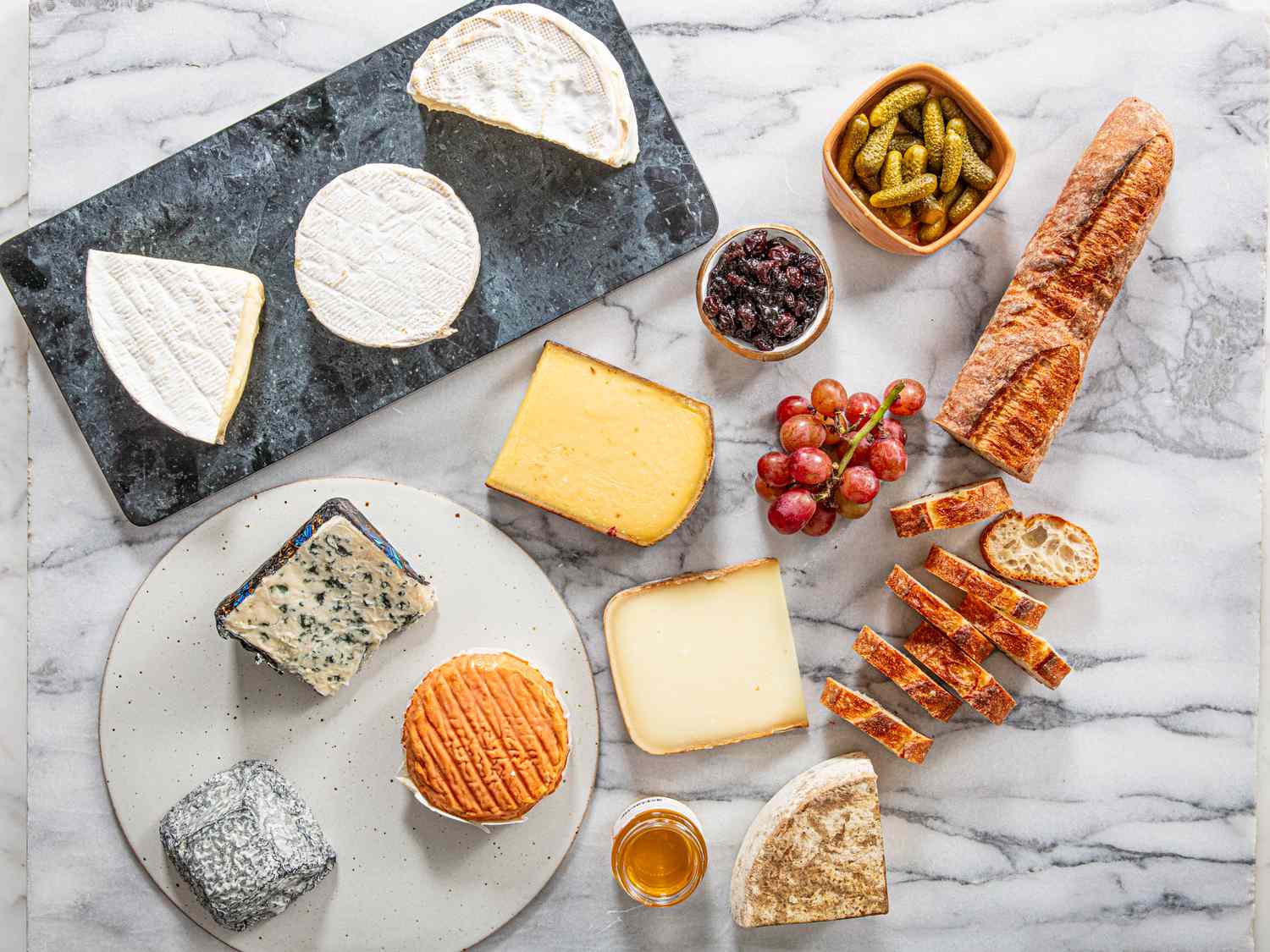 Overhead view of cheeses