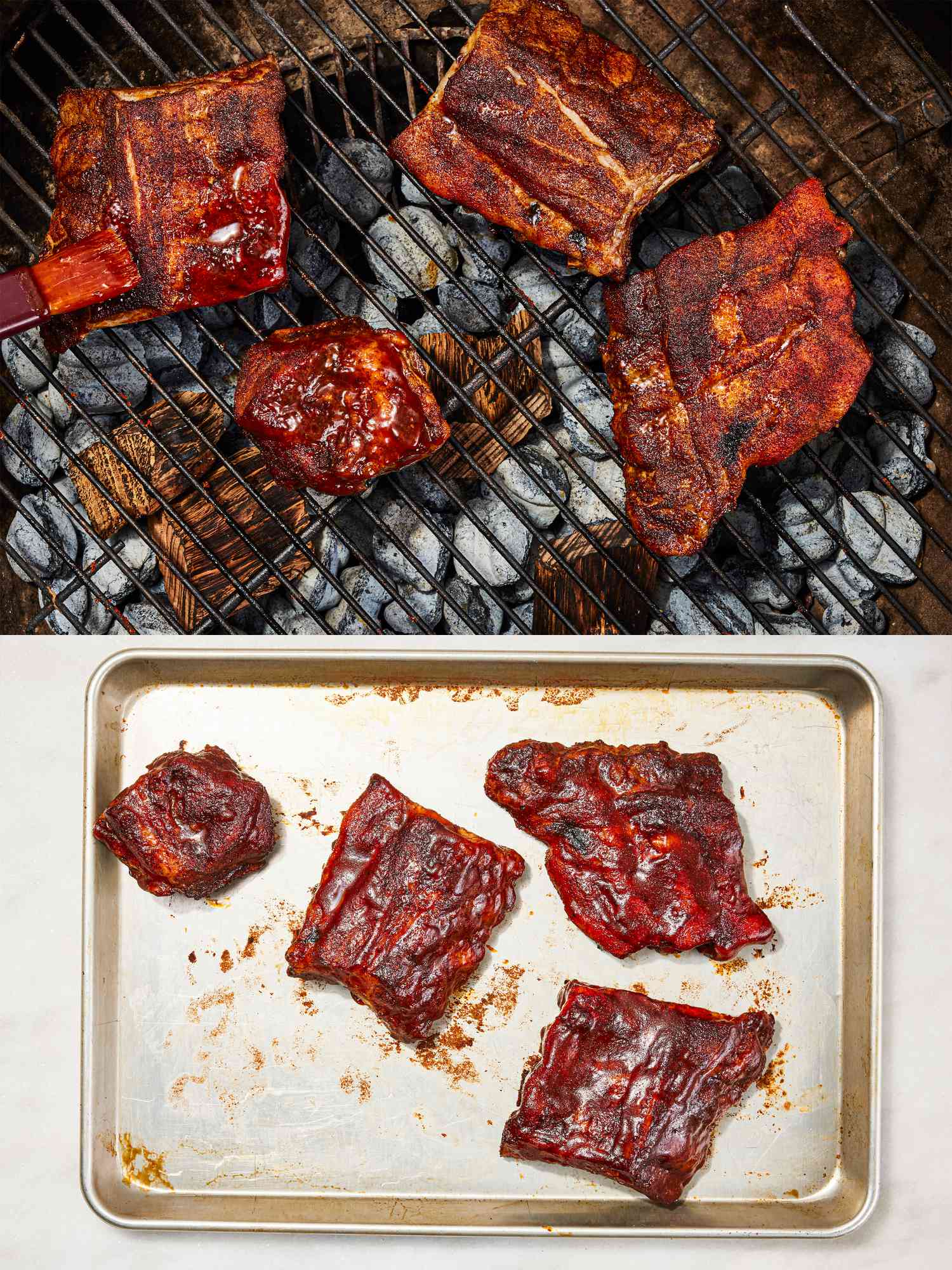 Two photo collage: overhead of ribs with sauce being brushed on and cooling