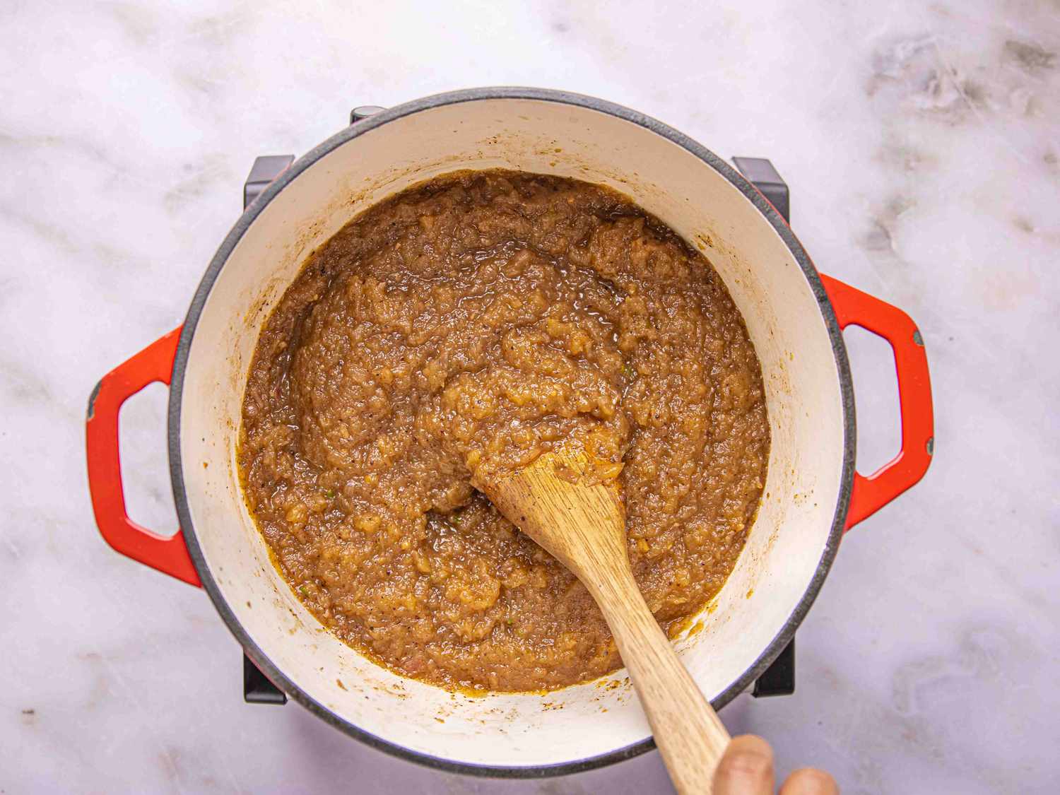 Overhead view of applesauce in pot