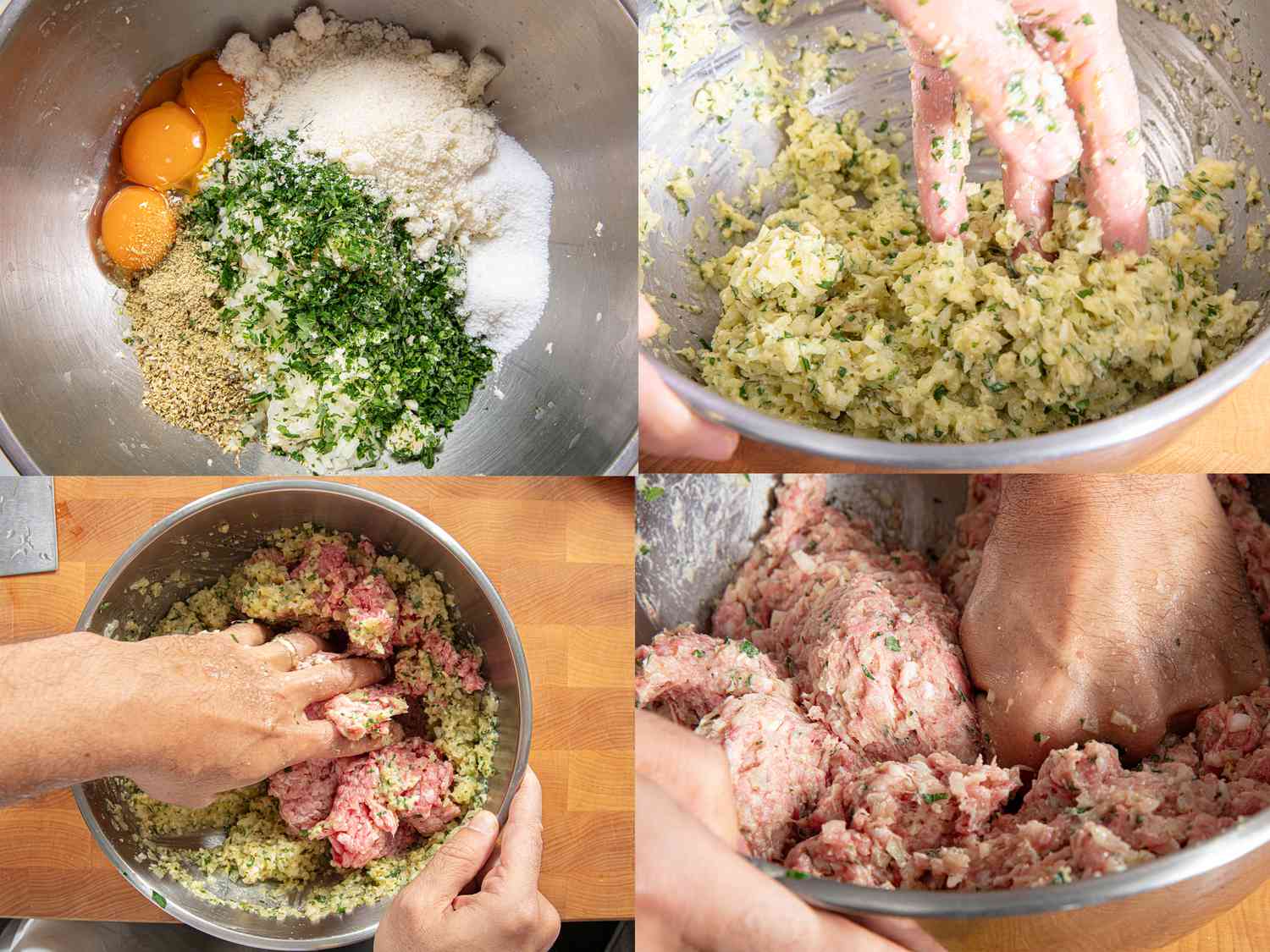 Four image collage of mixing meatballs
