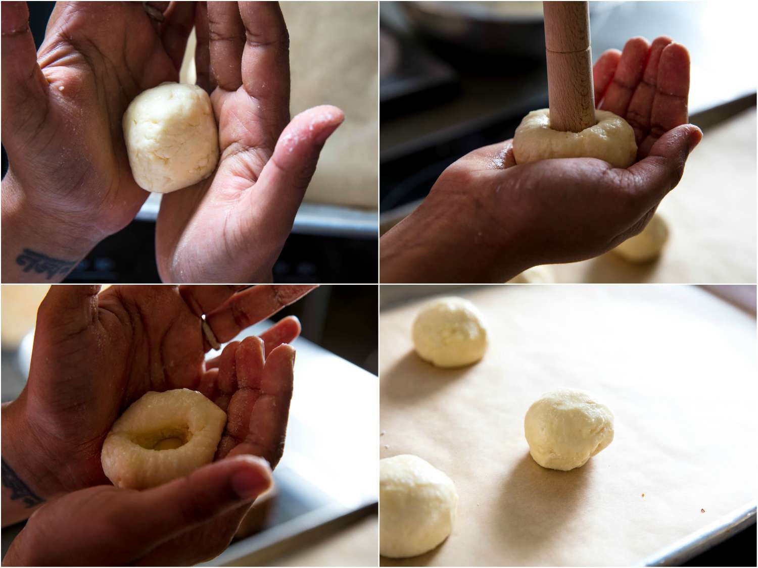 Stages of shaping the cheesy bread dough: forming a ball between two hands, making an indentation at the bottom of the bread with the back of a spoon and adjusting the shape. 