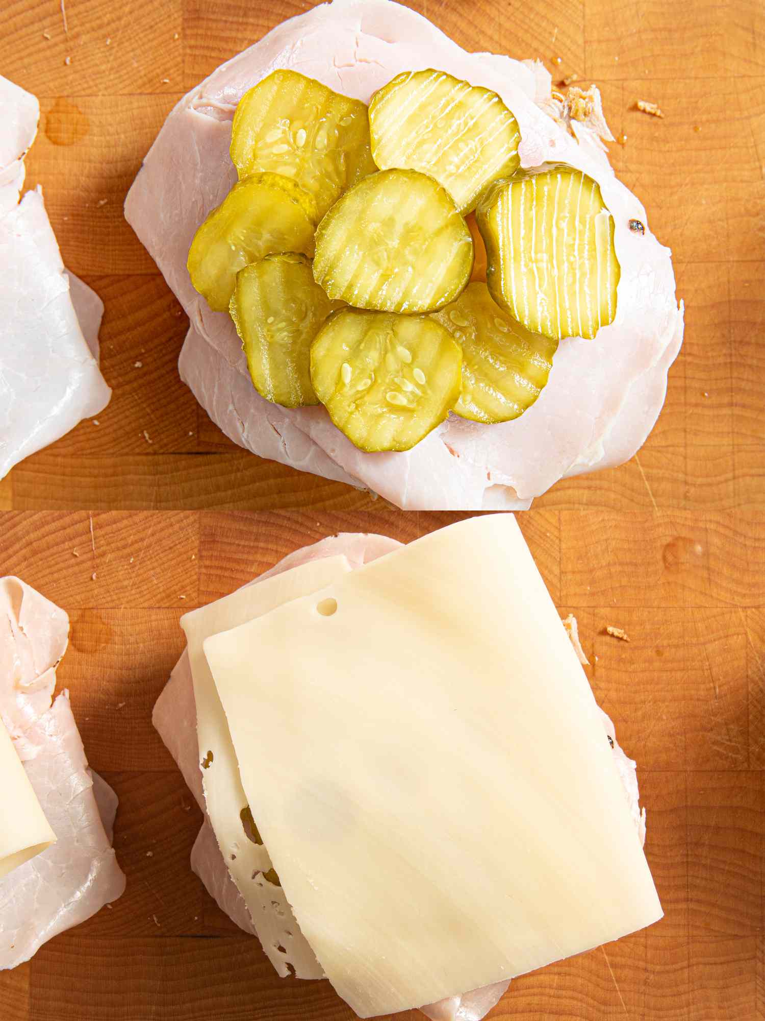 Two image collage of layering sandwich ingredients