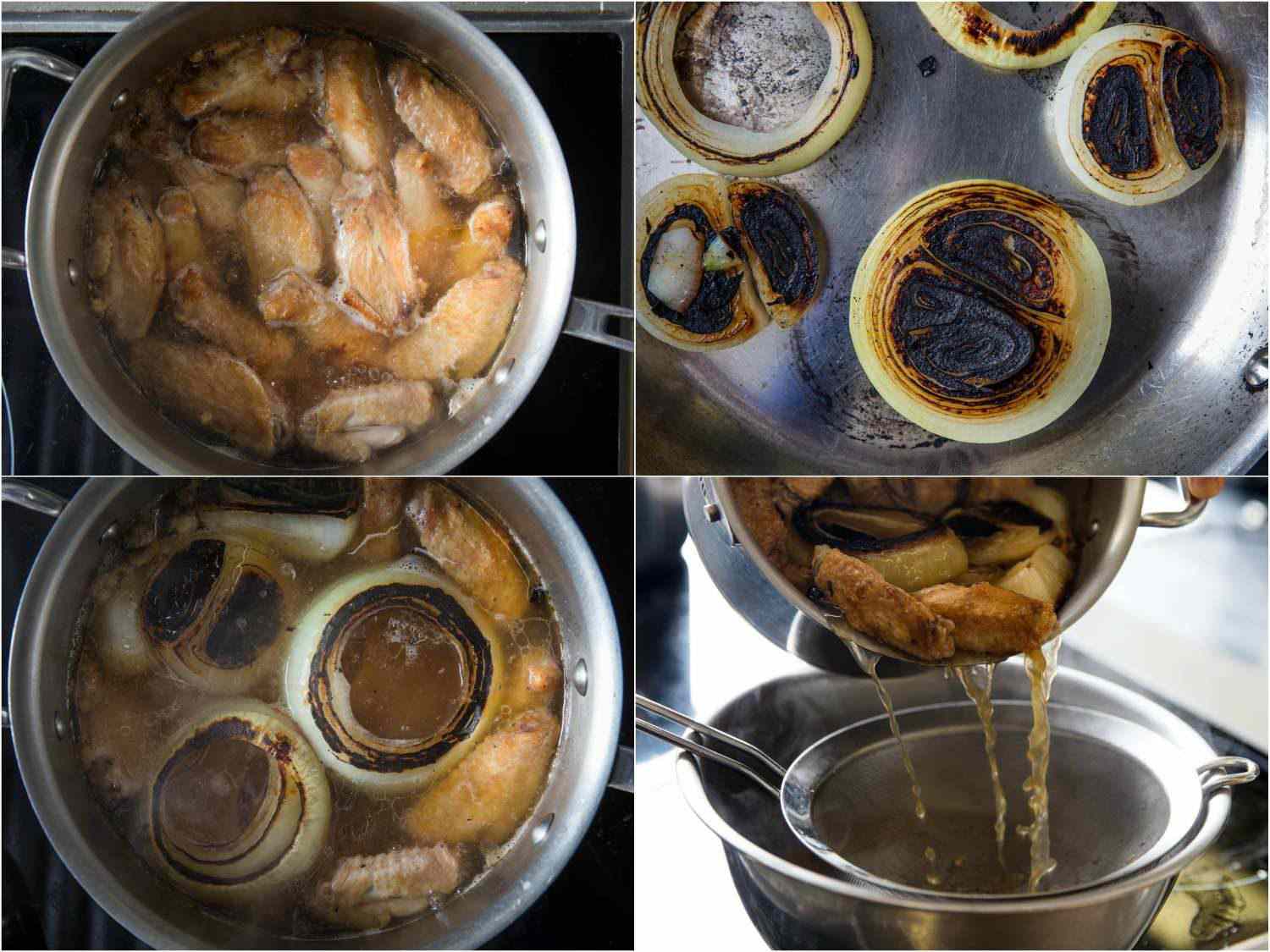 Collage of making richly golden chicken stock for homemade chicken noodle soup: simmering roasted wings, charring onions on a skillet, adding onion to the simmering stock, and straining the stock. 