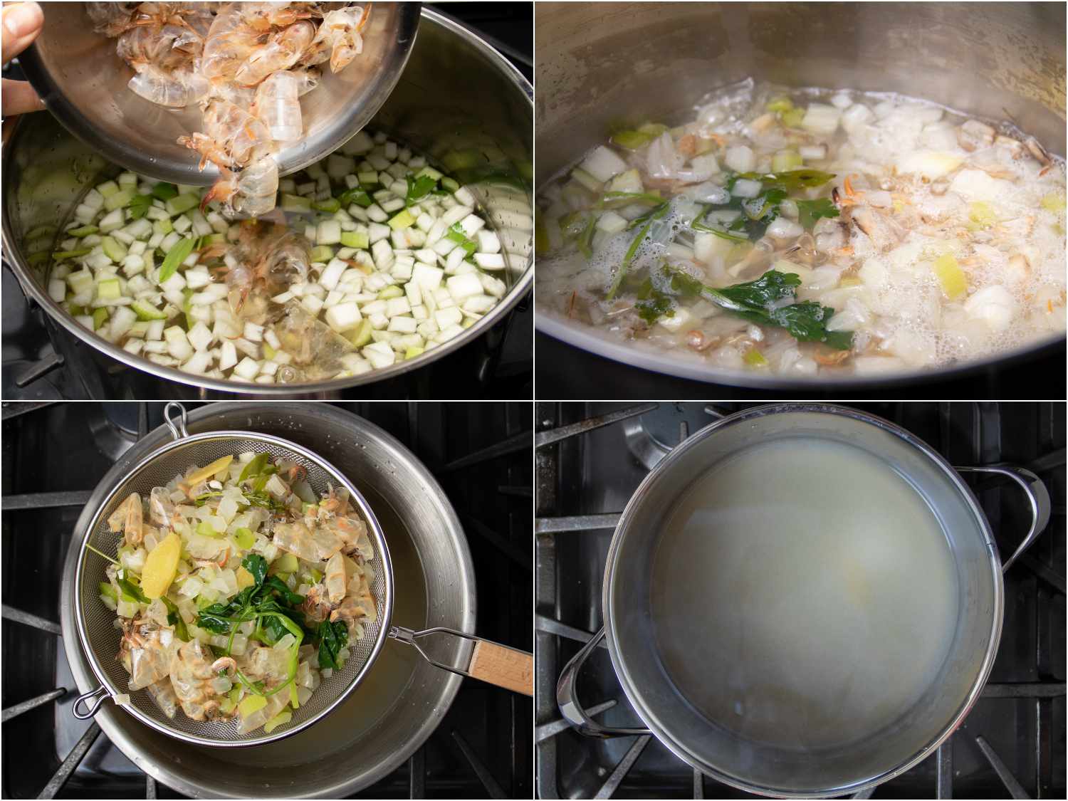 A collage showing the shrimp stock being made.