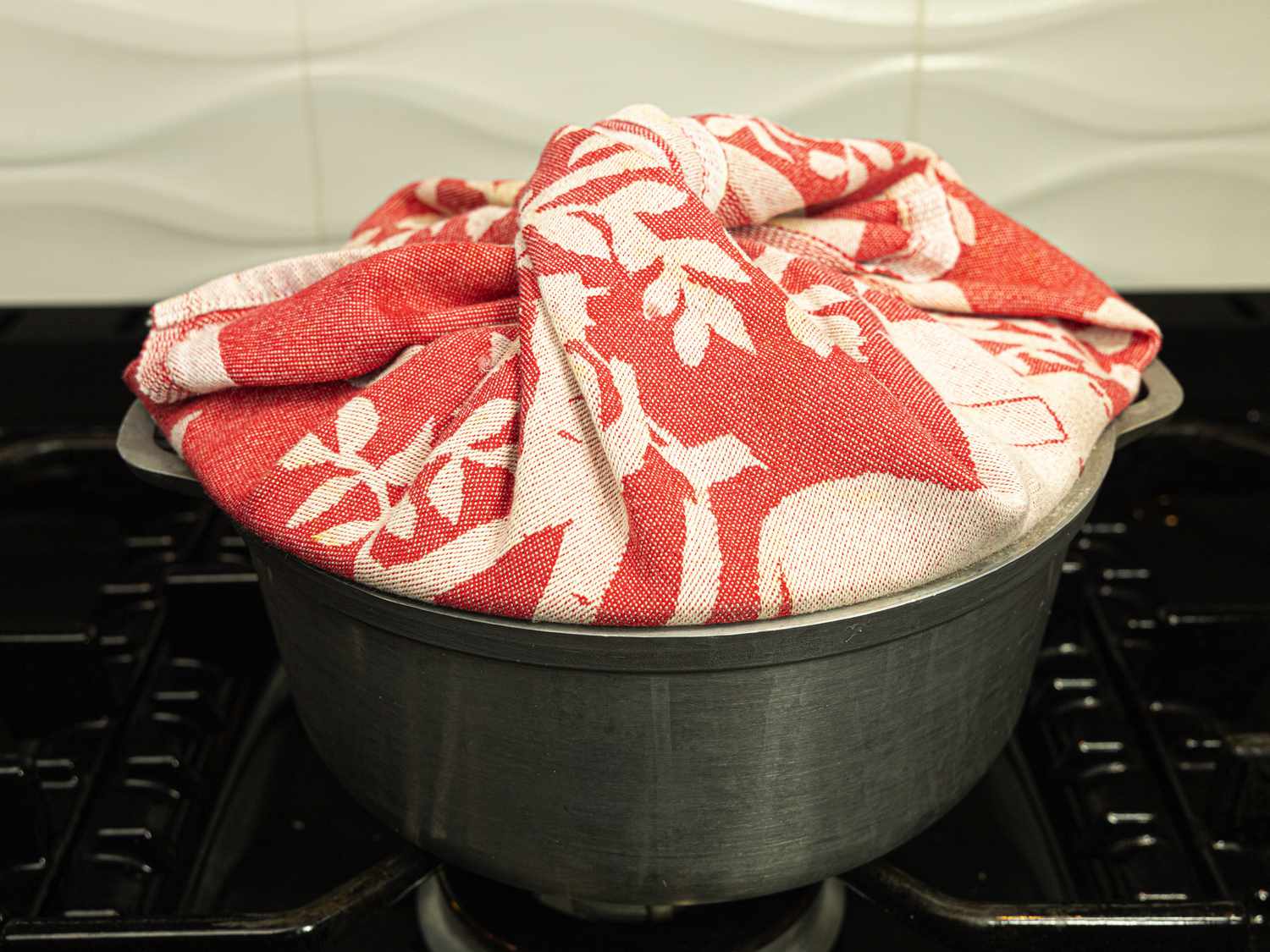 Side view of pot wrapped in a towel