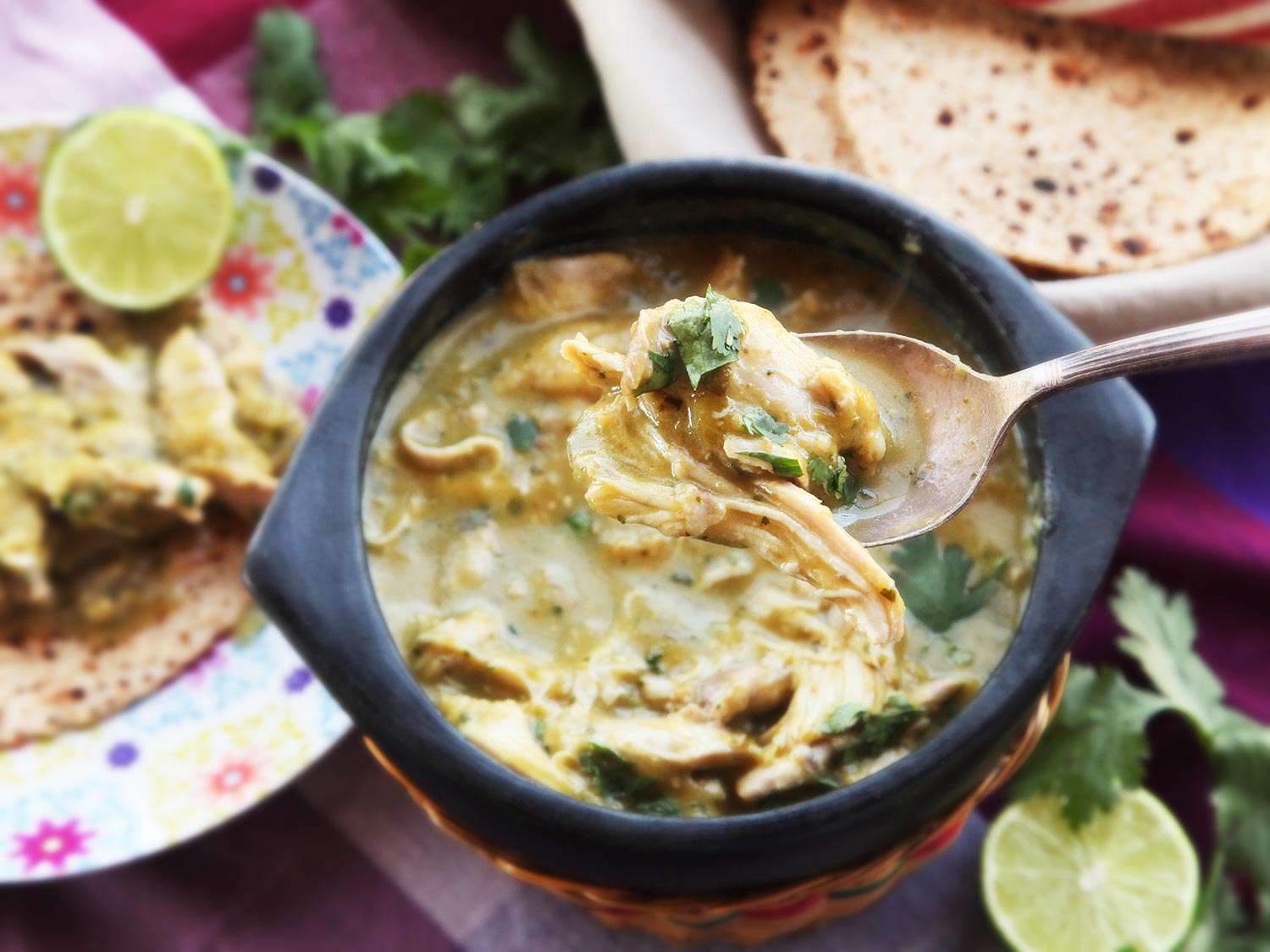 Bite of chicken chile verde on a spoon over a serving bowl of the stew.