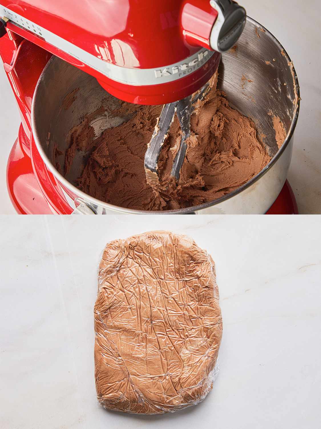 Two Image Collage. Top: coco powder added to remaining dough in standmixer. Bottom: chocolate dough formed in a log and wrapped in plastic wrapp