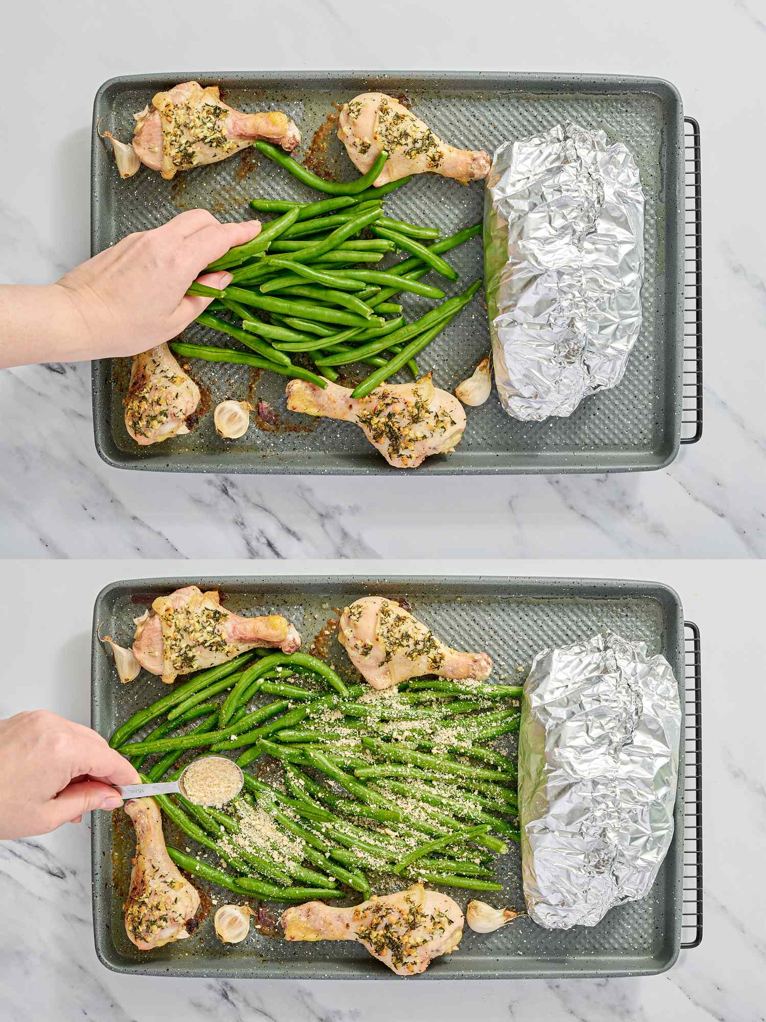 Twostep cooking preparation of herbed chicken drumsticks and green beans with foilwrapped side demonstrated on a baking sheet