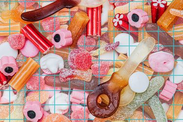 View of Swedish candy on a grid. 