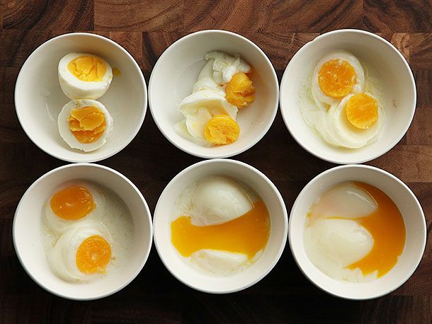 Overhead comparison shot of eggs cooked sous vide at different temperatures