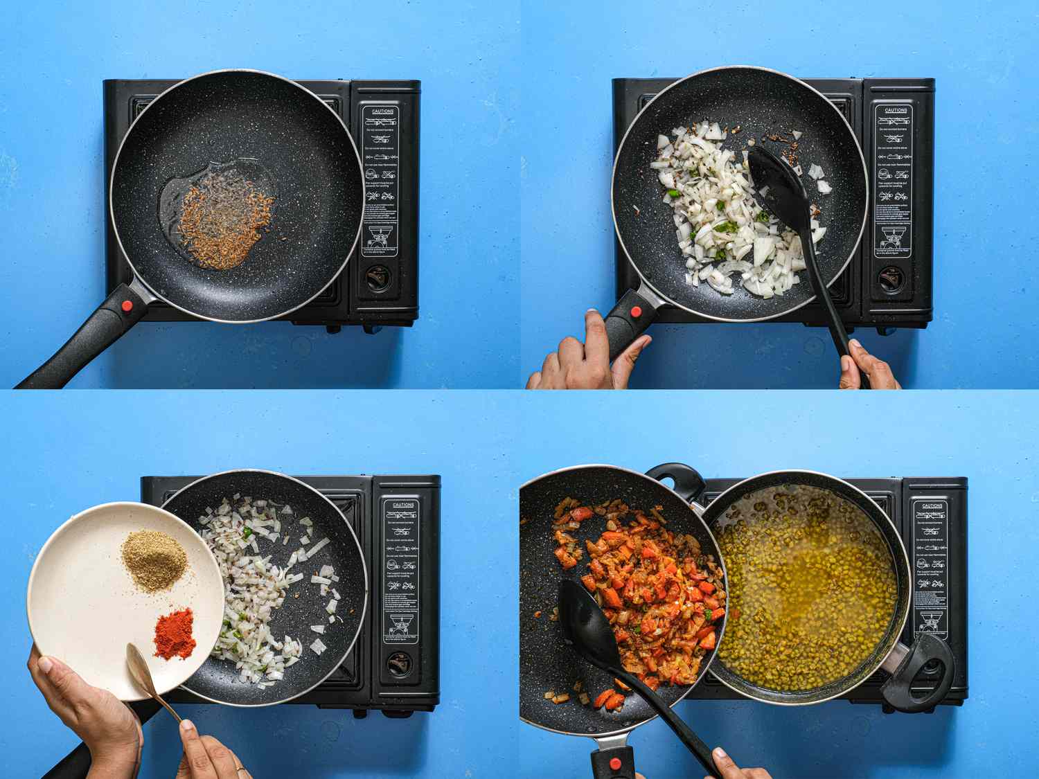 4 image collage. Top Left: asafoetida, mustard seeds, and cumin seeds cooking in a medium skillet. Top Right: Green chile and onion added and stirred into spice mixture. Bottom Left: Coriander and chile powder spooned off of a plate onto cooking mixture. Bottom Right: Cooked softened tomatoes added into mixture and being poured into bean pot. 
