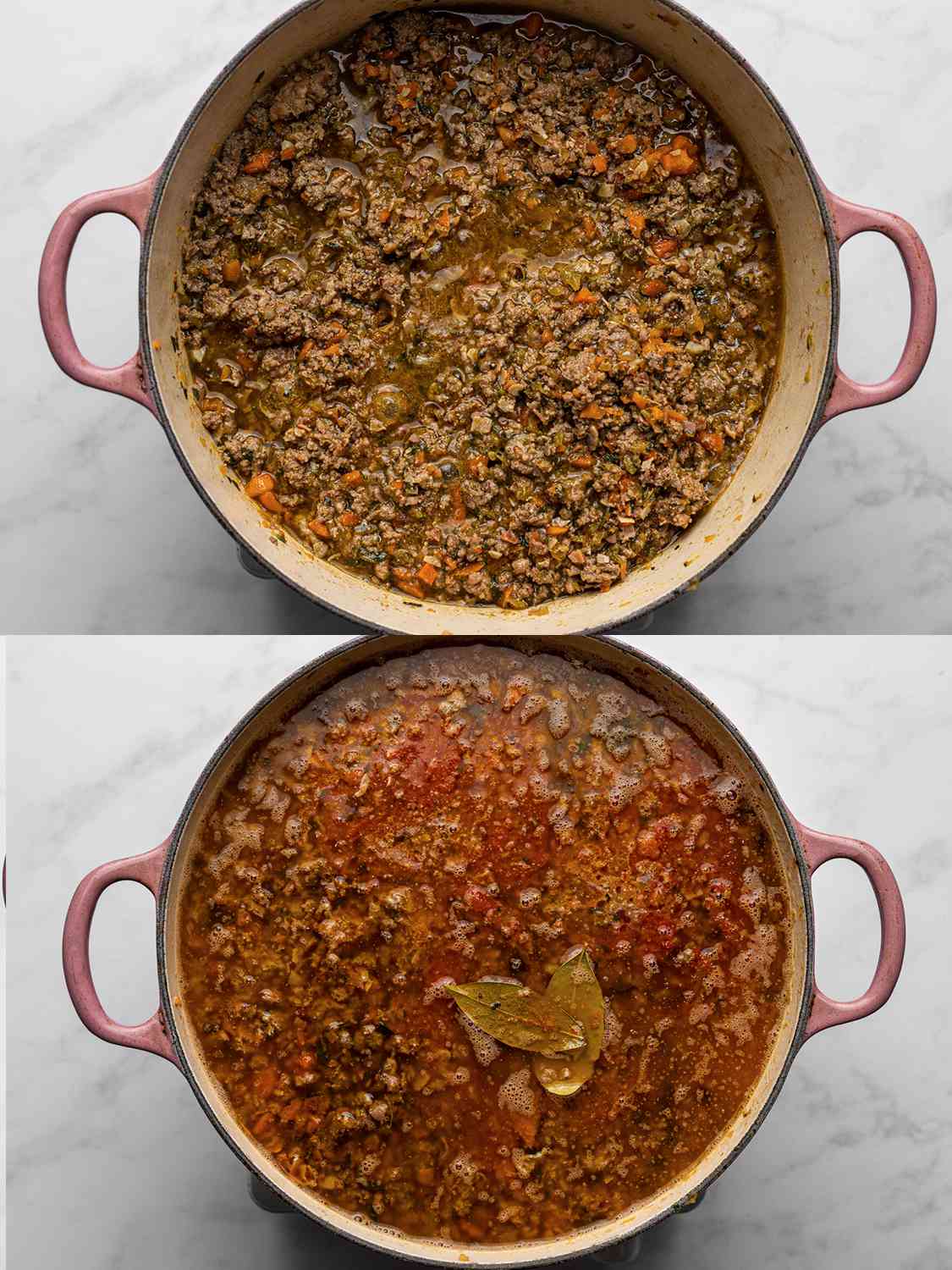 A two-image collage. The top image shows the meat which has had wine added, with the wine mostly evaporated. The bottom image shows the reserved stock, tomatoes, milk, and bay leaves added to the Dutch oven.