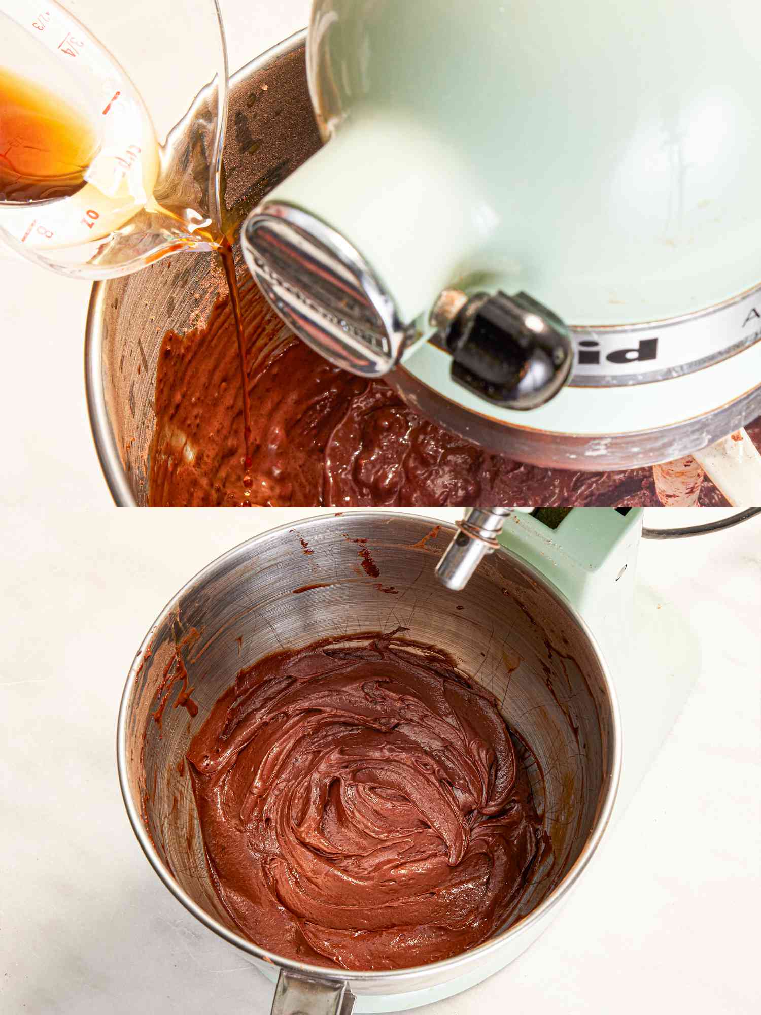 Two image collage of adding coffee nad batter in a cake like consistency