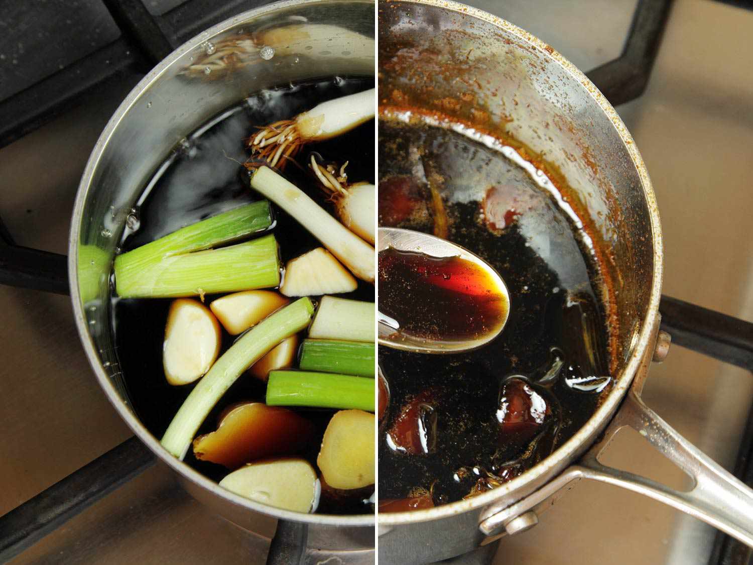 Side by side pictures of homemade teriyaki sauce with garlic, ginger, and scallions flavoring it.