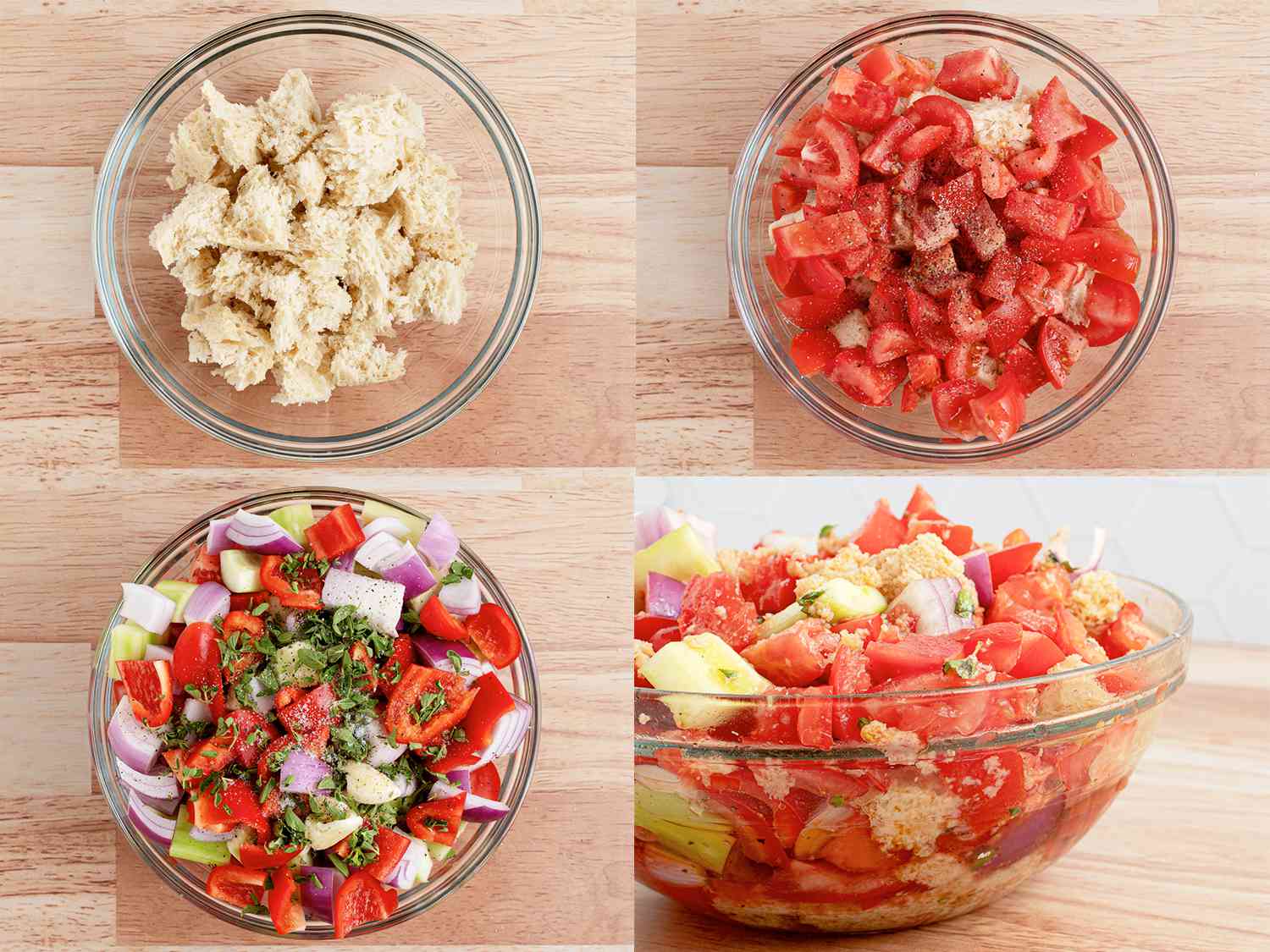 A four-image collage. The top left image shows torn chunks of bread inside of a glass bowl. The top right image shows half of the tomatoes added in an even layer on top of the bread in the bowl, seasoned generously with salt and pepper. The bottom left image shows chopped cucumbers, onion, pepper, and garlic added to the bowl on top of the tomatoes and sprinkled with oregano and more salt and pepper. The bottom right image is a side shot of the bowl, showing liquid has collected in the bottom.