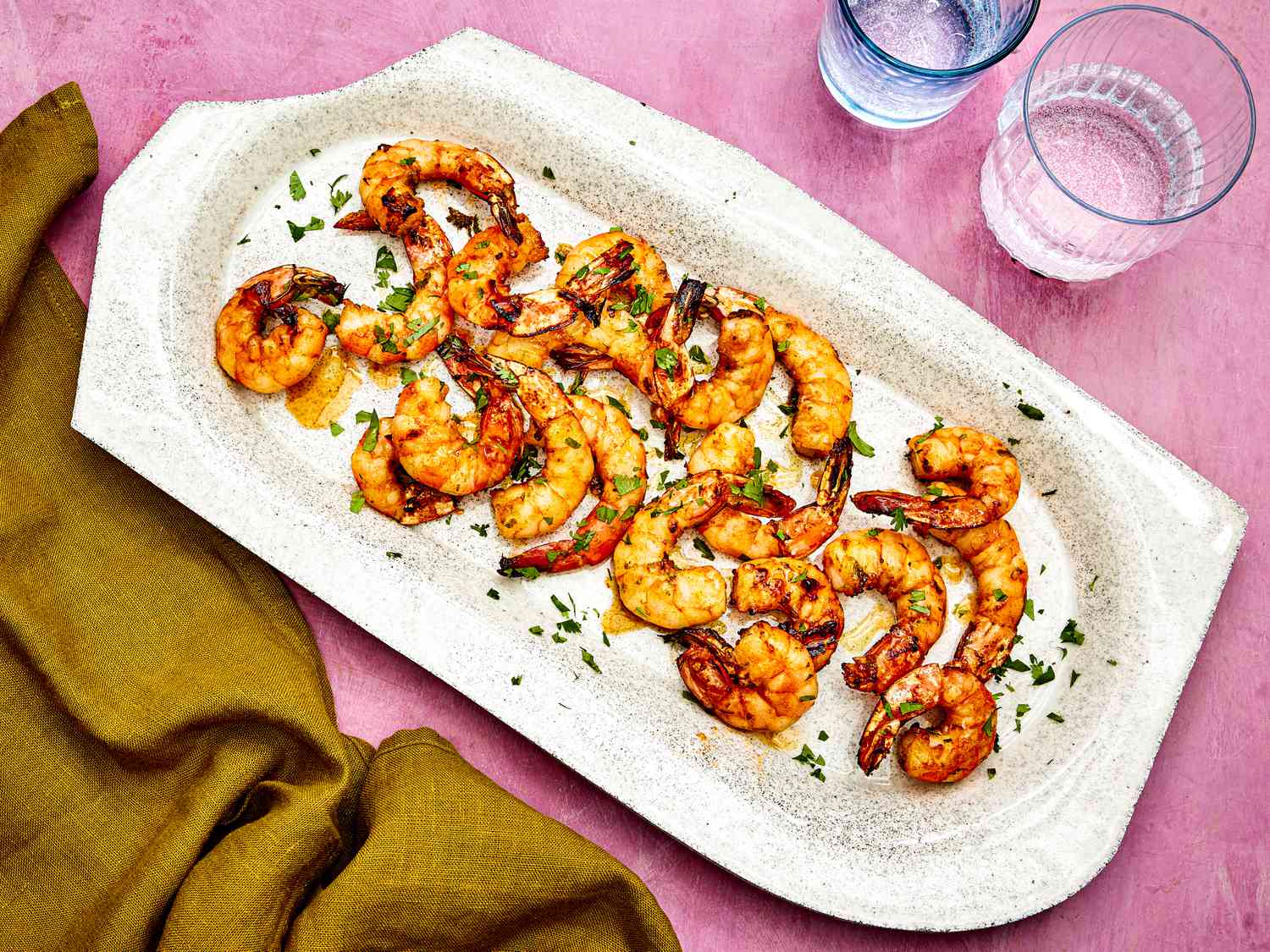 Overhead view of shrimp on a platter