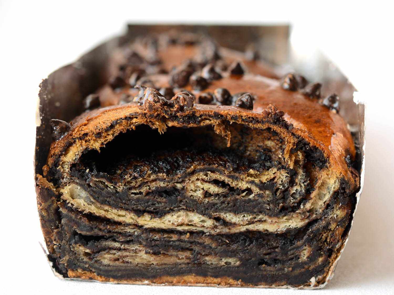 Cross section of chocolate babka from Trader Joe's.